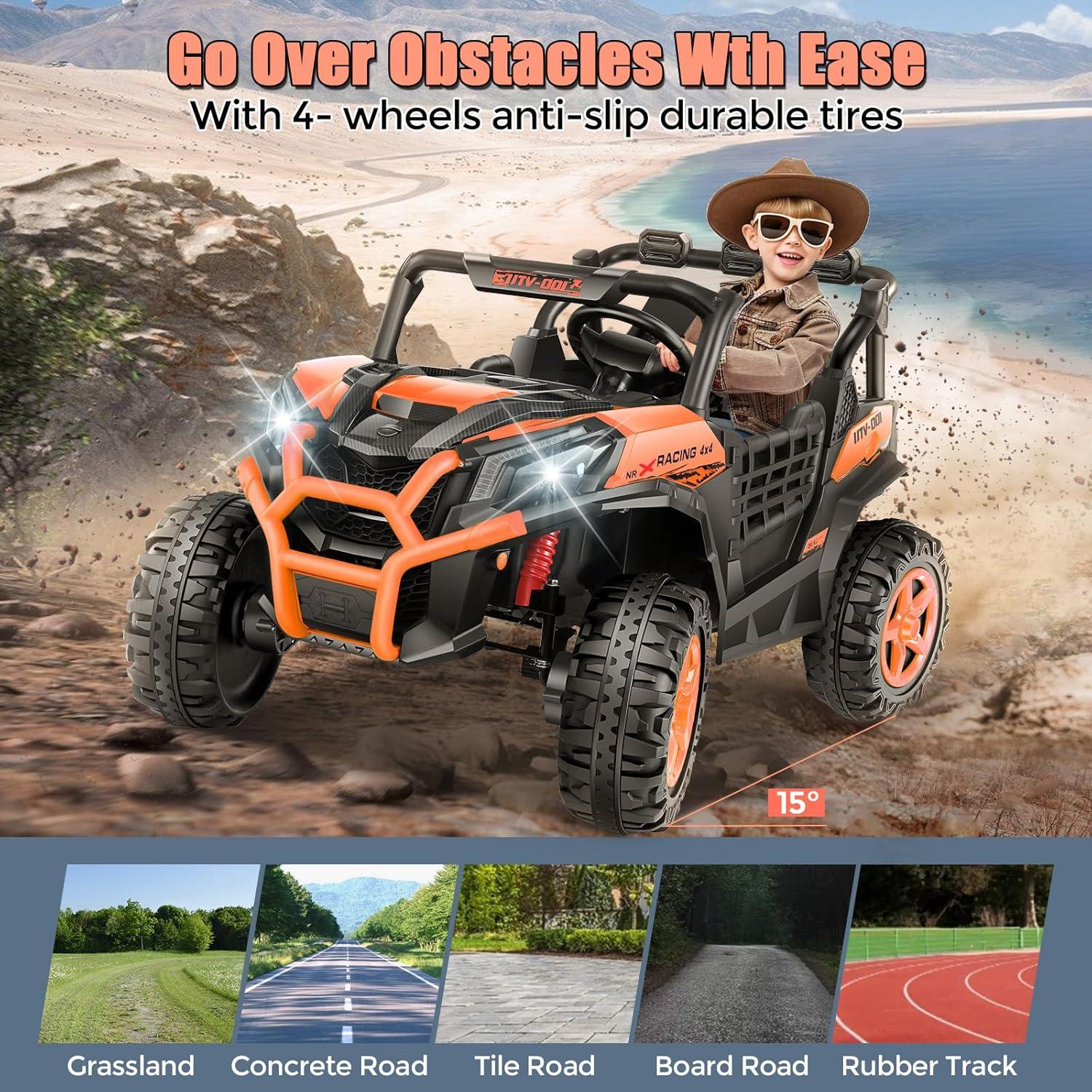Ancheer 24v 2 Seater Ride on Car with Remote Control, 4WD/2WD Kids Power Electric Wheel UTV, 20" Spacious Seat, 4 Shock Absorbers, Music, Bluetooth, 24 Volt Ride On Toys for Boys/Girls