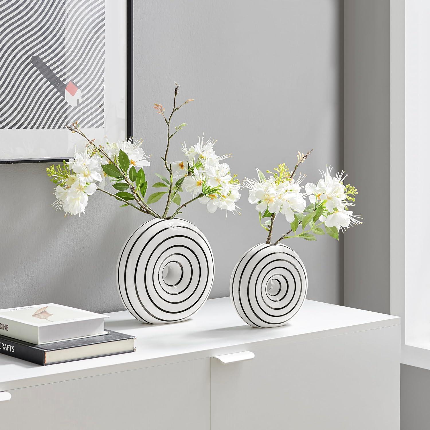 Danya B. Etta Two Piece Glossy Ceramic Black and White Striped Round Hollow Circle Donut Vase Set