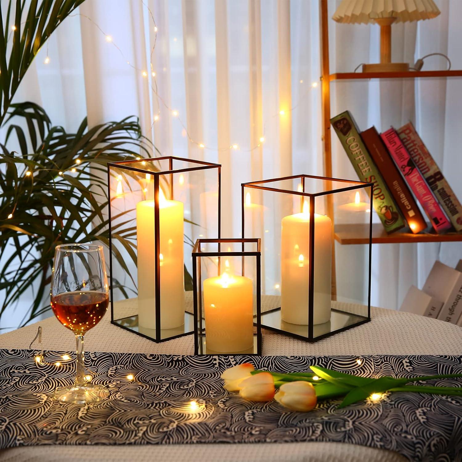 Phosphor Small Hurricane Candle Holder Set of 3 Pieces, Black Glass Candle Holder for Wedding, Party, Holiday.