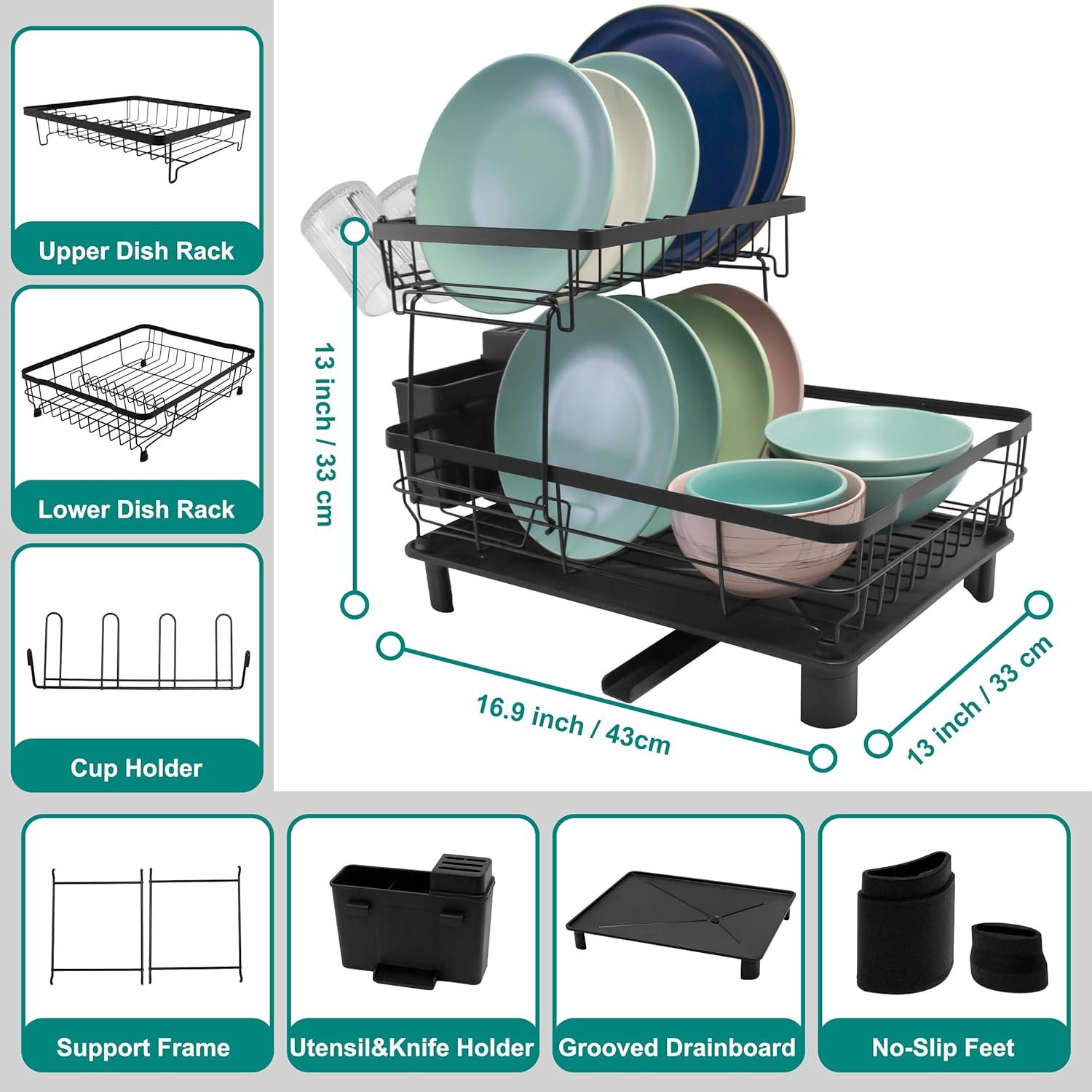 2-Tier Dish Drying Rack for Kitchen Counter,Space-Saving Dish Rack with Drainboard,Rustproof Countertop Dish Drainer with Utensil Holder for Sink,Black