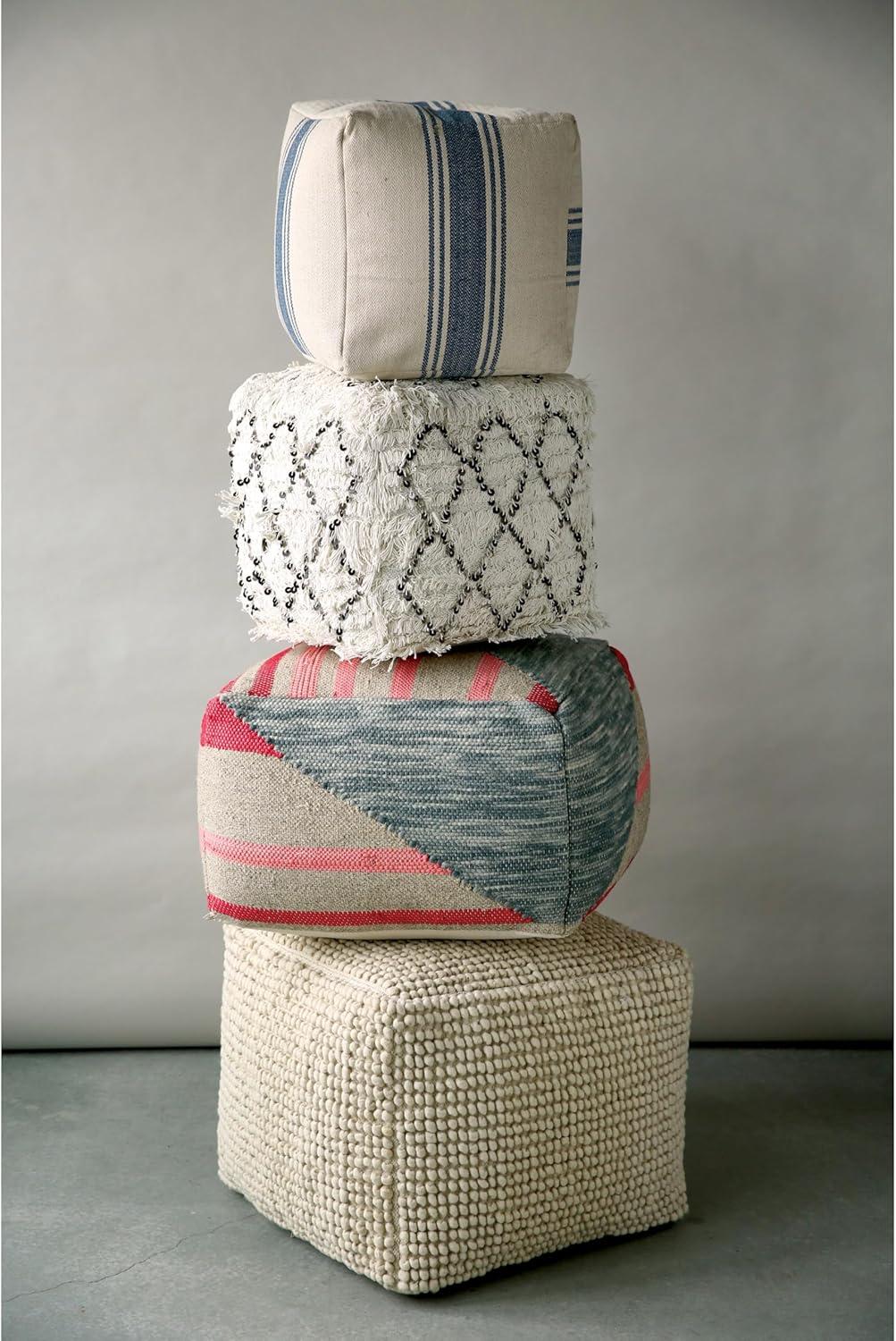 Creative Co-Op Striped Square Canvas Pouf, Blue