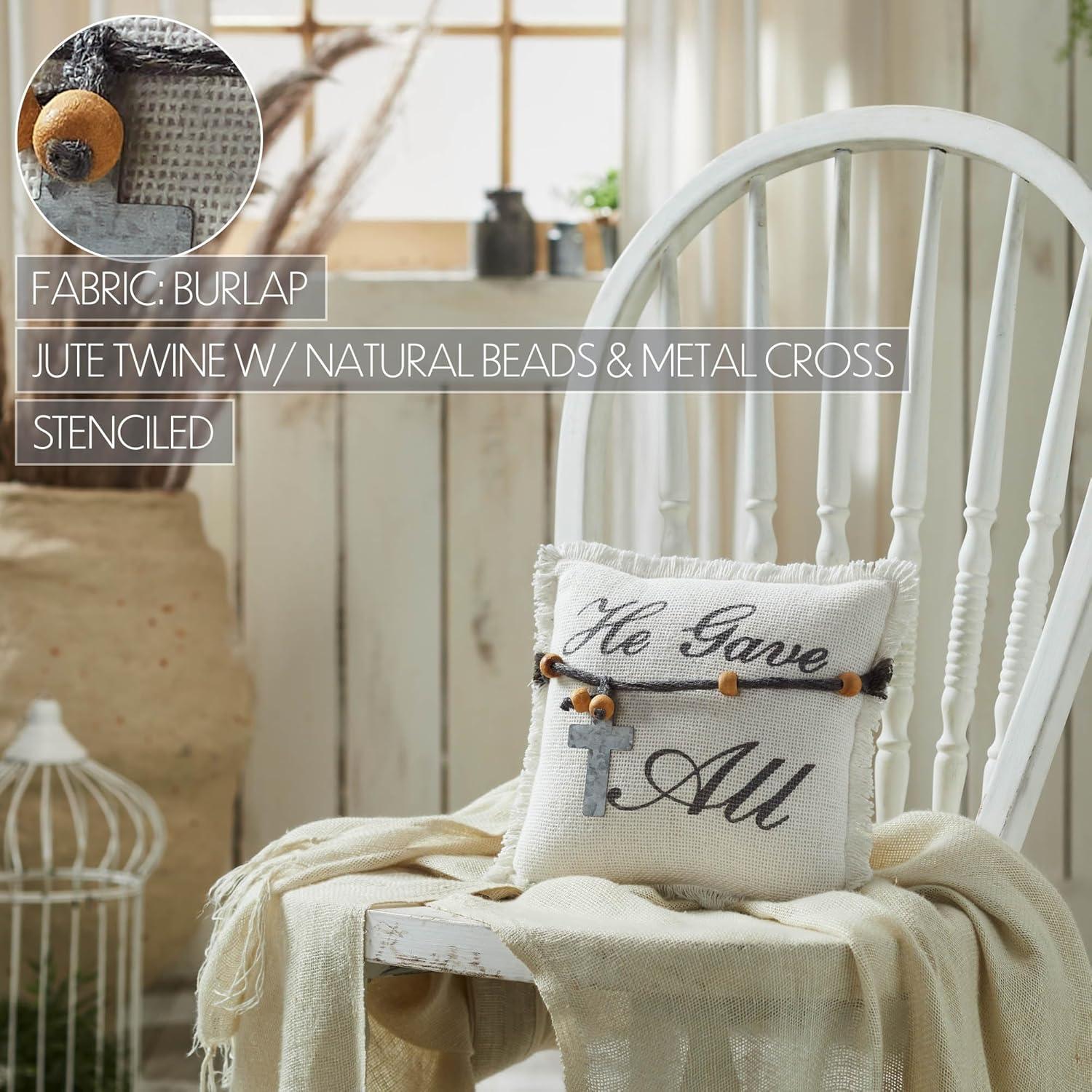 Antique White Cotton Burlap Square Pillow with Galvanized Cross