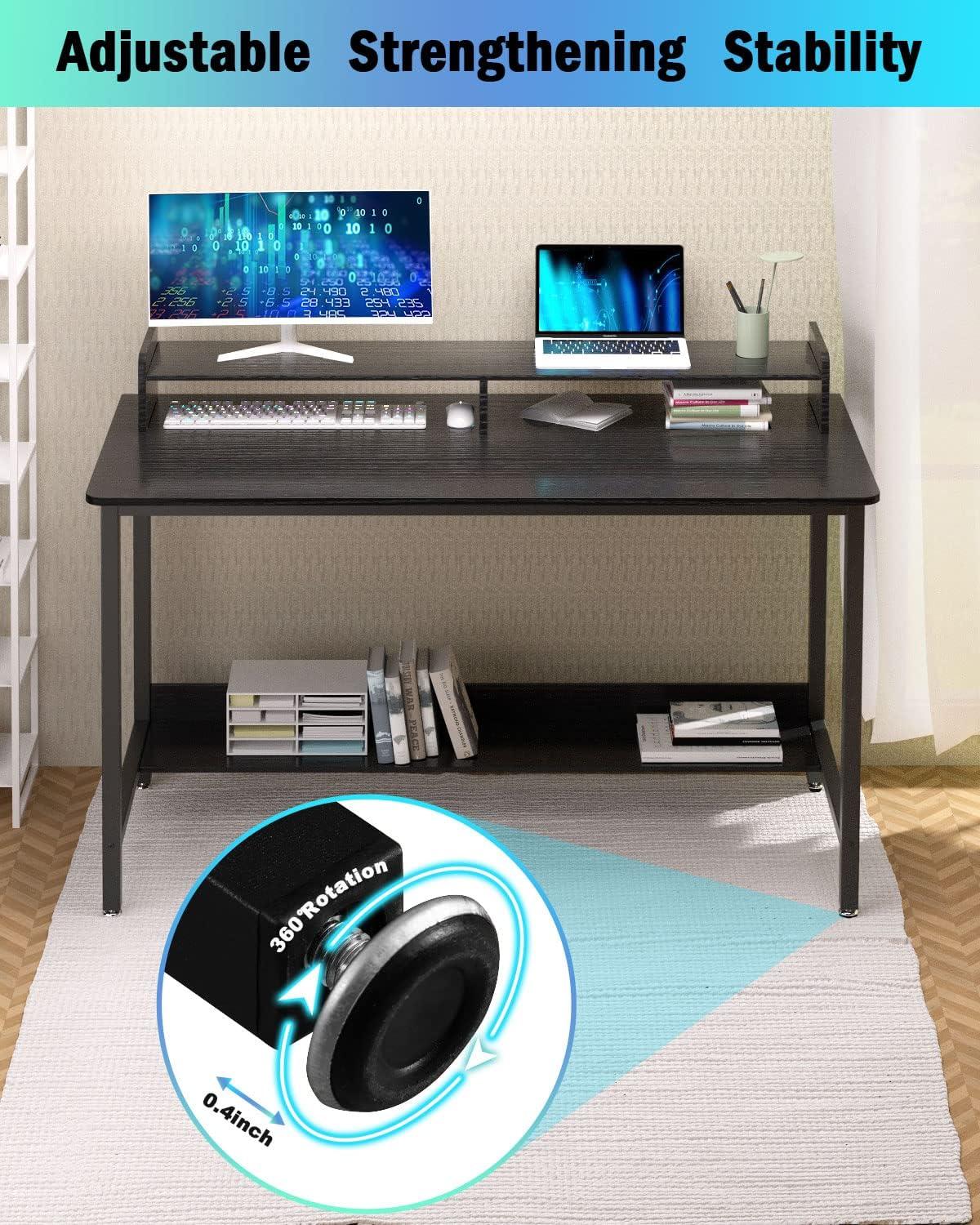 Computer Desk with Shelves, 43 Inch Gaming Writing Desk, Study PC Table Workstation with Storage for Home Office, Living Room, Bedroom, Metal Frame, Black.