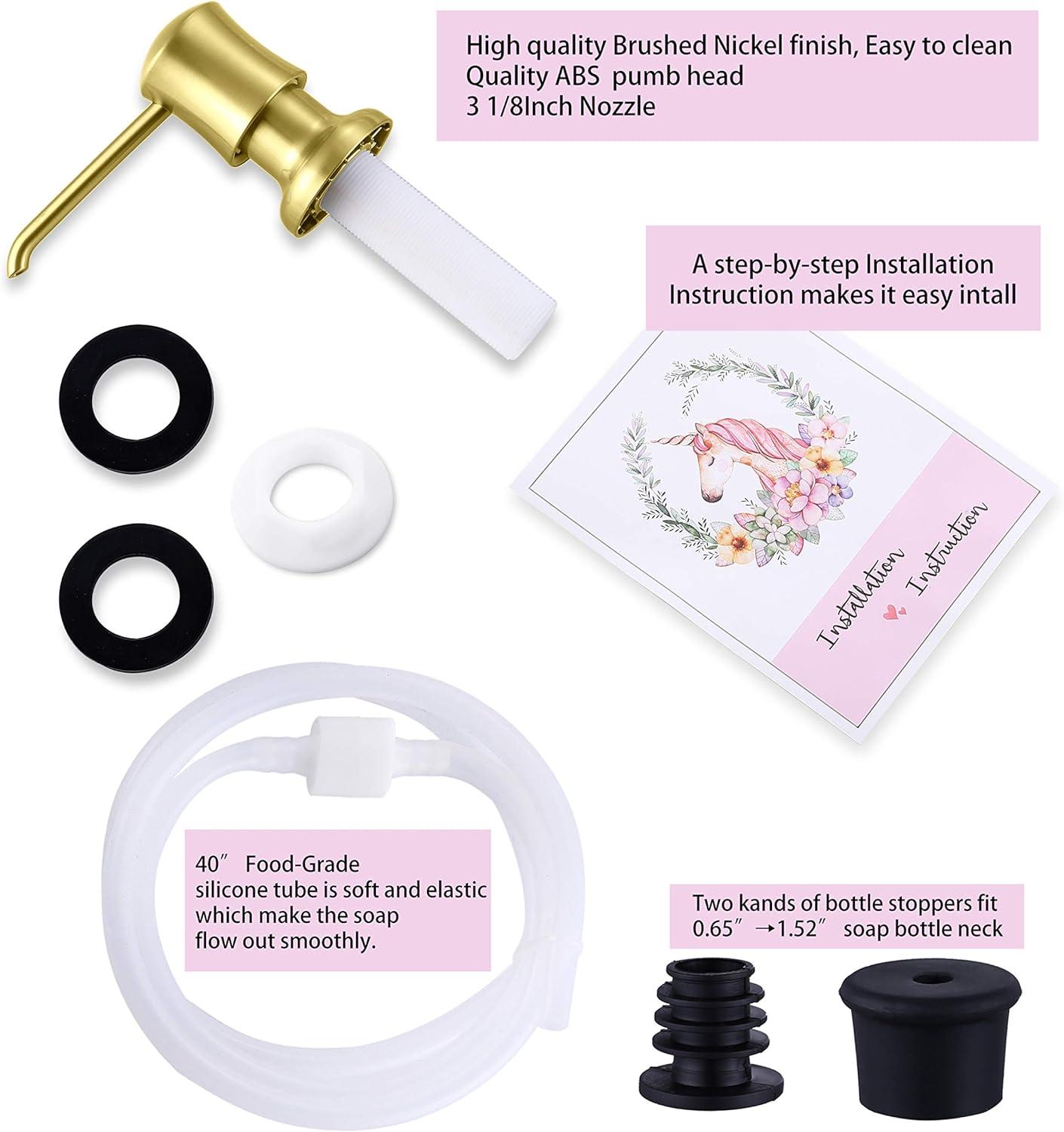Sink Soap Dispenser for Kitchen Sink Brushed Gold Upgrade with 40" Silicone Extension Tube Kit, Connect to Your Soap Bottle Directly