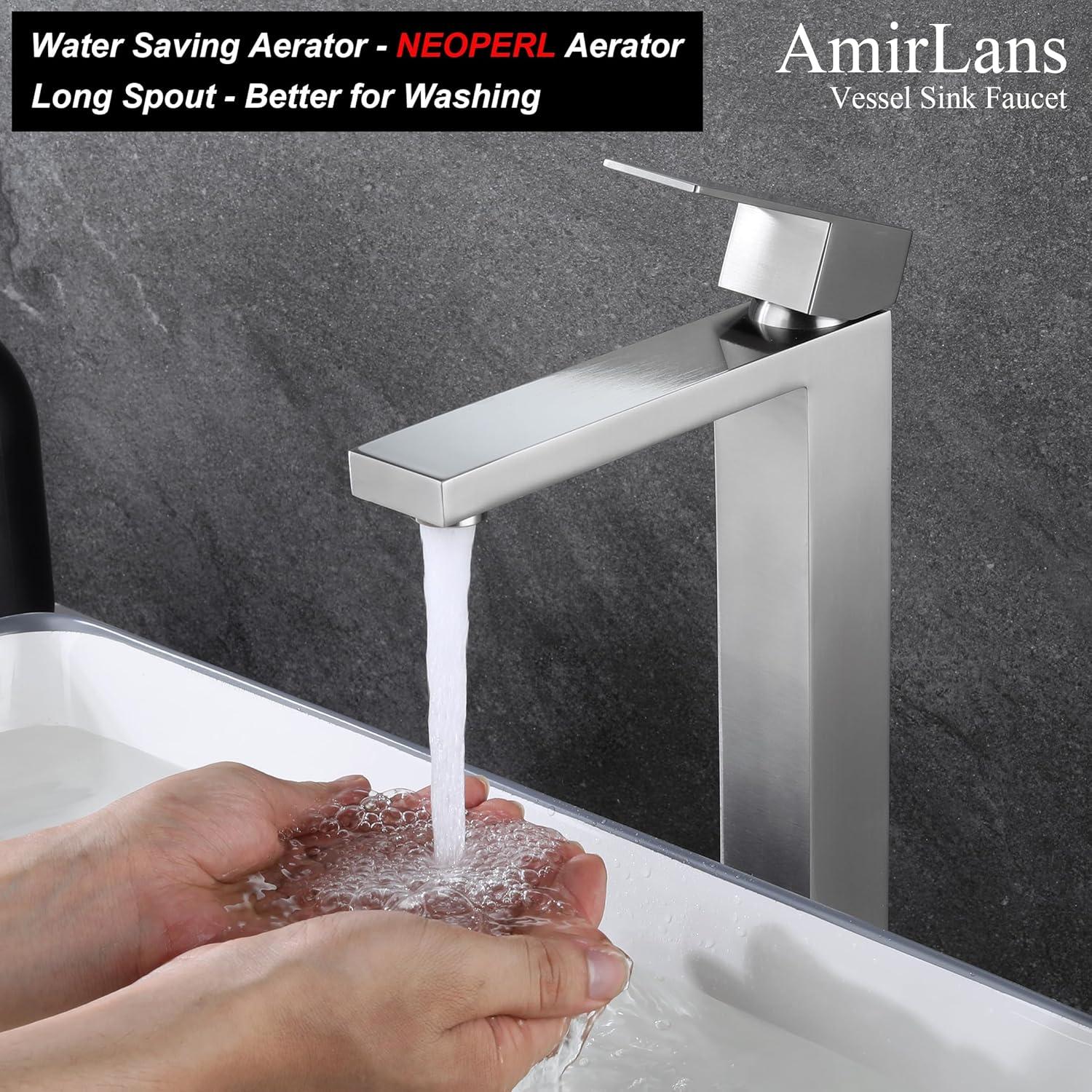 Gold Vessel Sink Faucet, Brushed Gold Tall Single Handle Bathroom Vessel Sink Faucet 1 Hole, Modern Stainless Steel Restroom Vanity Faucet with Metal Pop Up Drain and Water Supply Hose