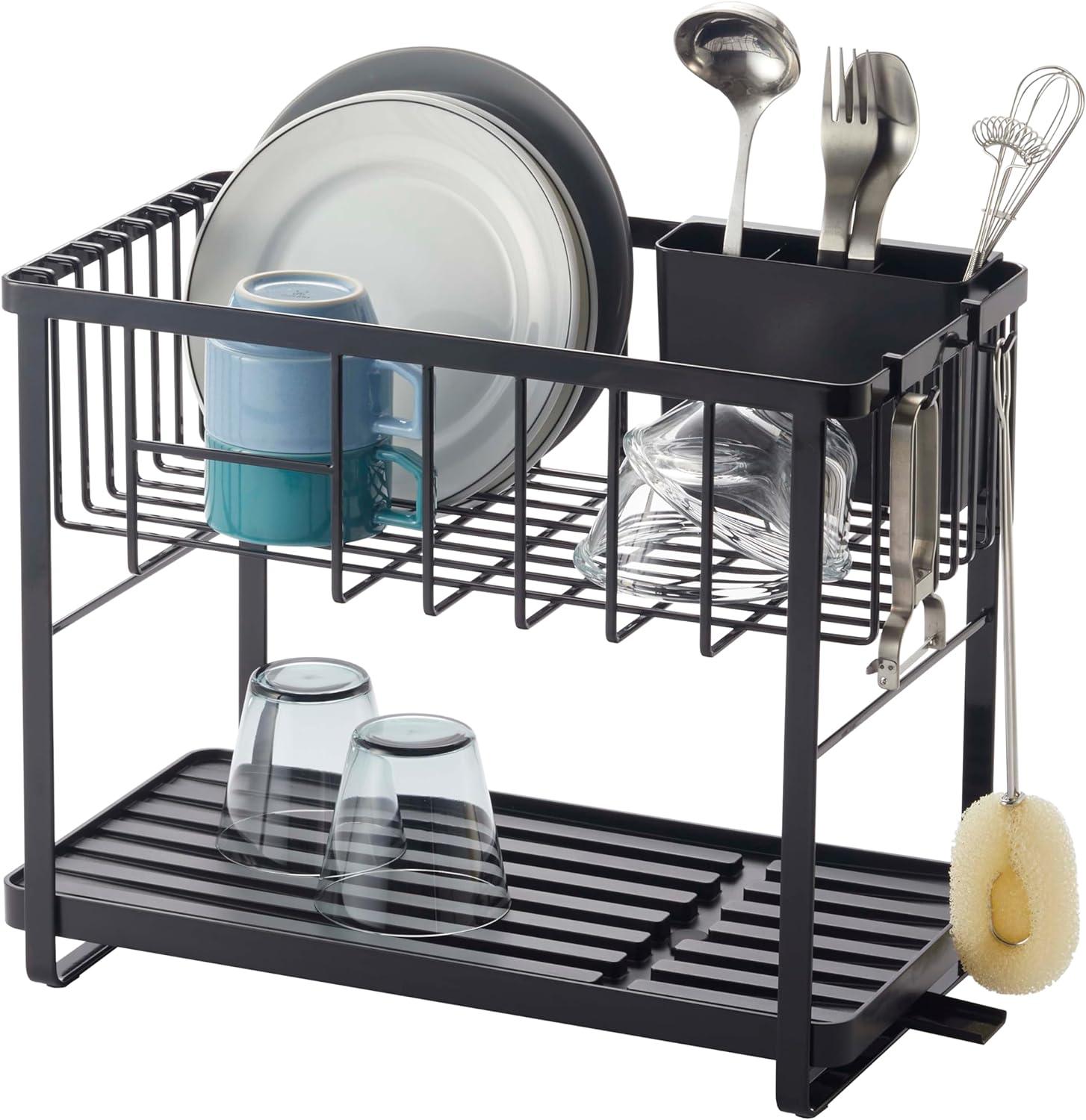 Tower Yamazaki Home Two-Tier Adjustable Dish Drainer Rack, Utensils Holder, Steel, Draining Spout