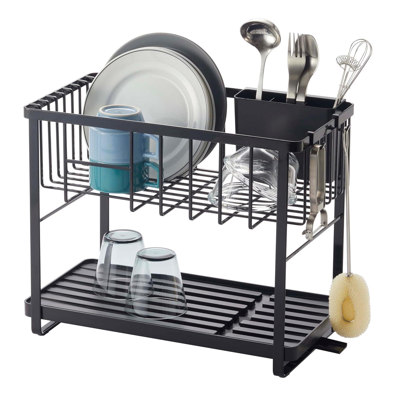 Tower Yamazaki Home Two-Tier Adjustable Dish Drainer Rack, Utensils Holder, Steel, Draining Spout