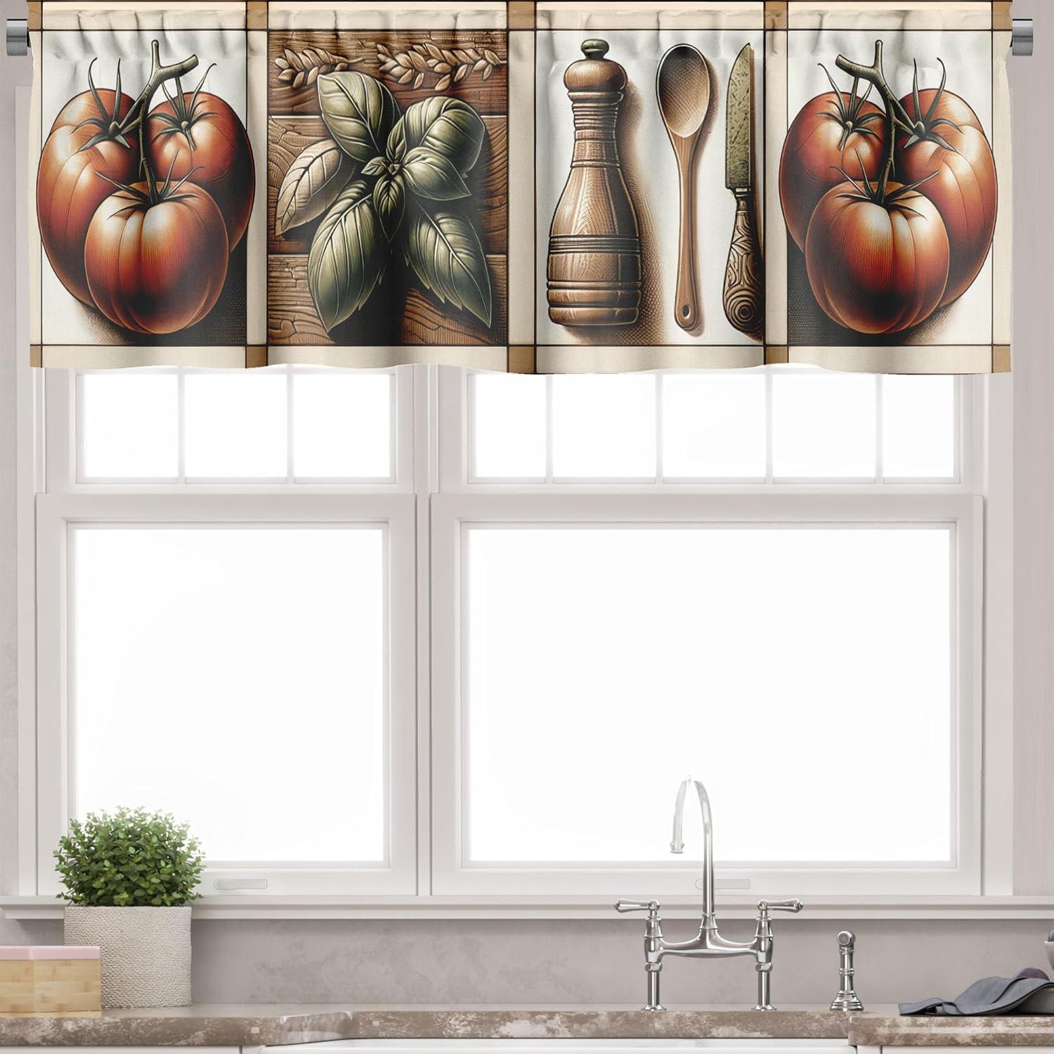 Paprika Rust and Green Kitchen Curtain Set with Tomato Art