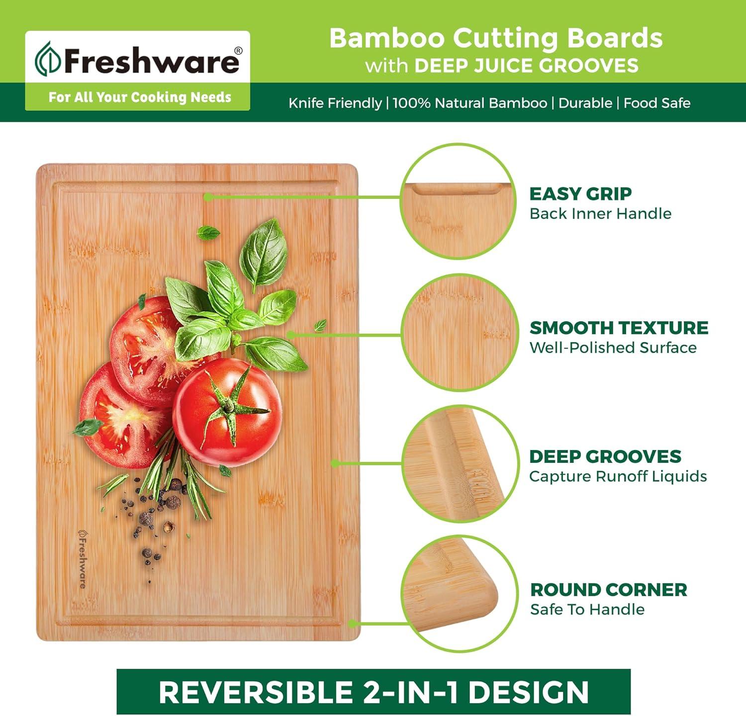 Bamboo Cutting Boards for Kitchen [Set of 3] Wood Cutting Board for Chopping Meat, Vegetables, Fruits, Cheese, Knife Friendly Serving Tray with Handles