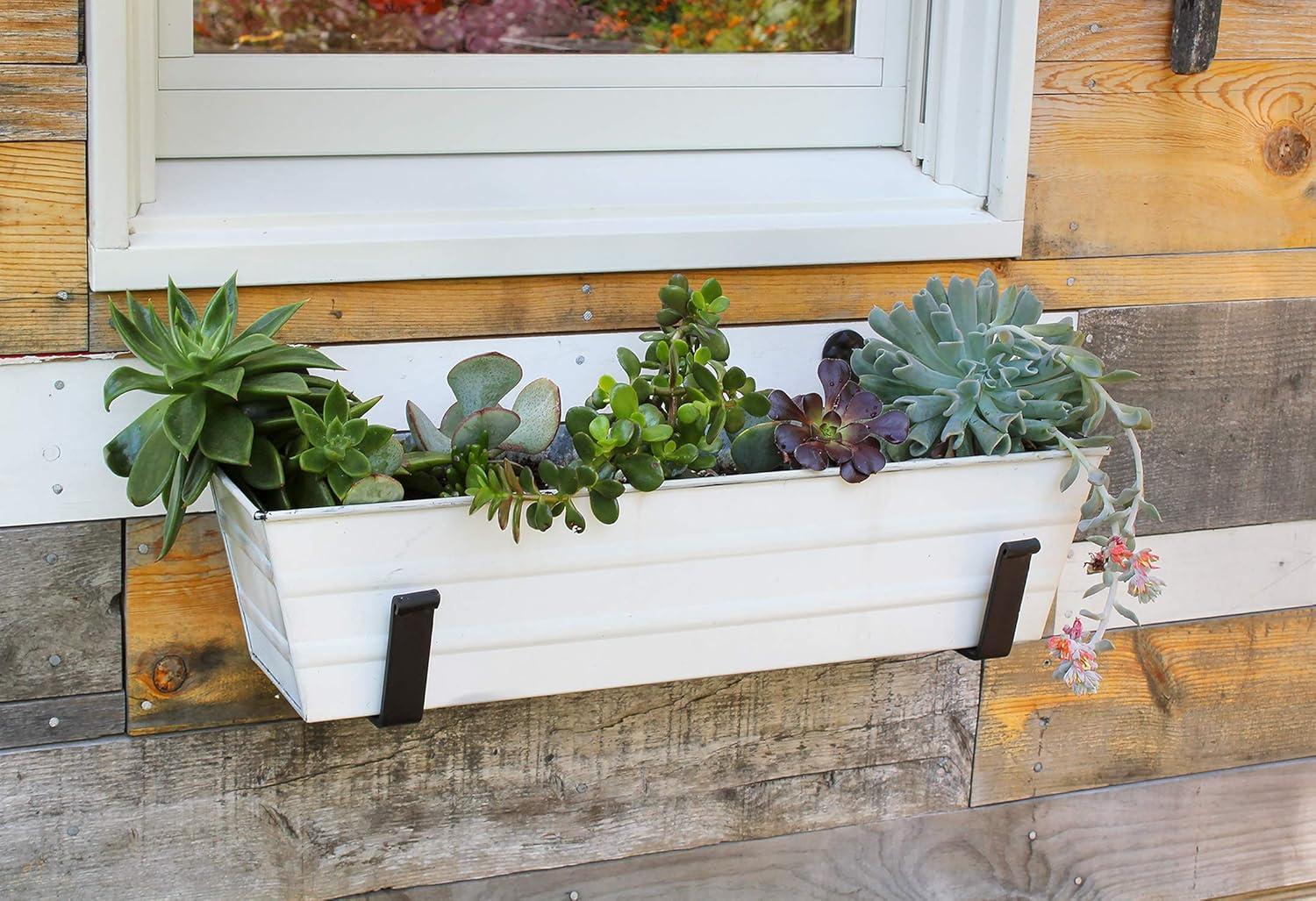 Small White Galvanized Flower Box with Black Brackets