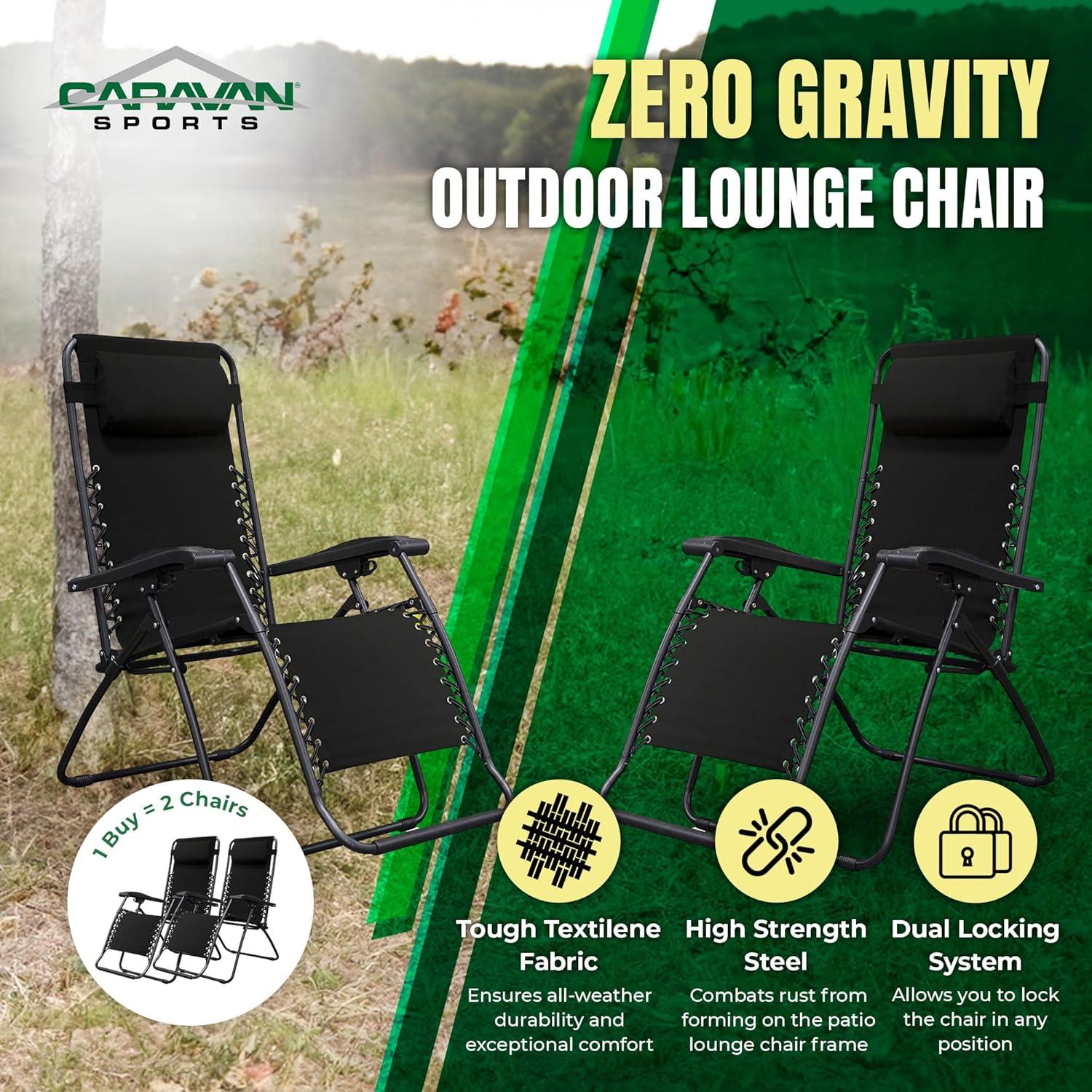 Caravan Sports Zero Gravity Outdoor Folding Lounge Chair, Black (Pair)