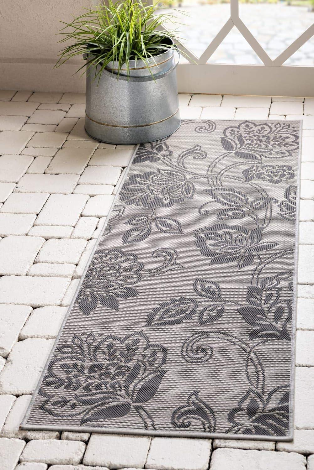 Reversible Gray Outdoor Runner Rug with Botanical Design, Easy-Care Synthetic
