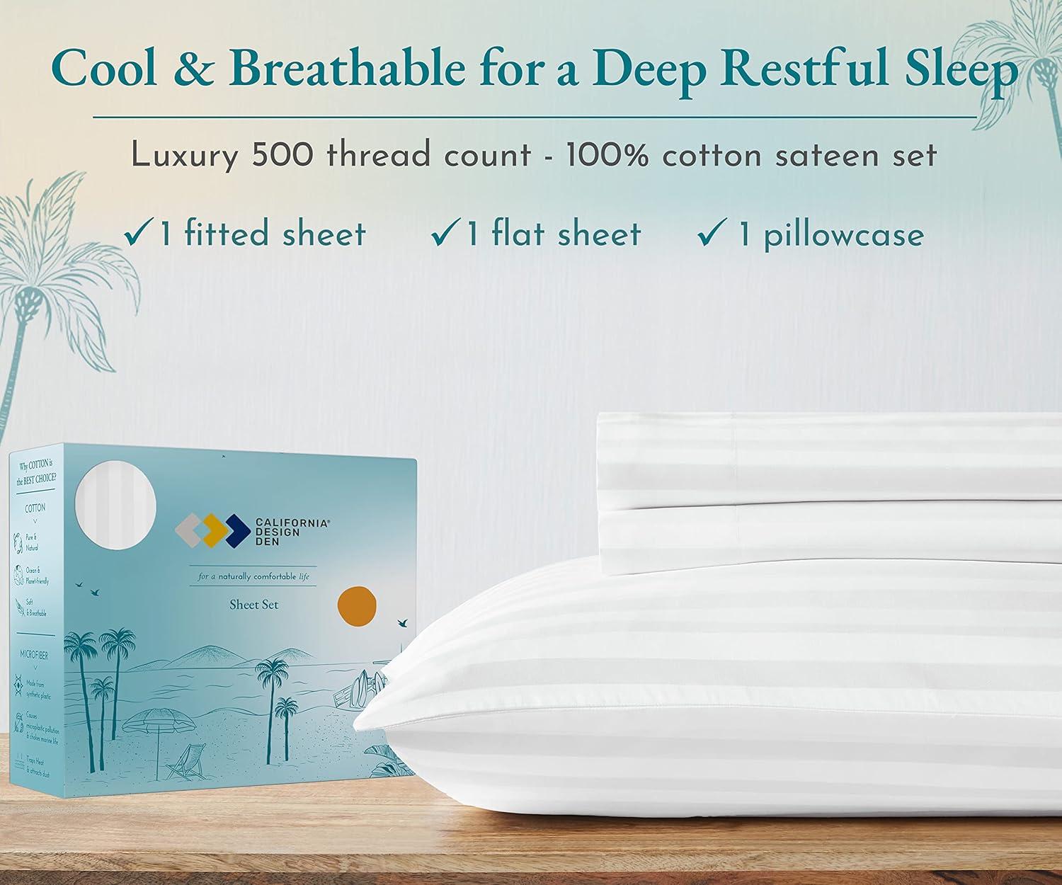 Luxury 500 Thread Count Bed Sheets Set - 100% Cotton Sateen Sheets Set, Soft, Cool & Breathable, Deep Pocket by California Design Den