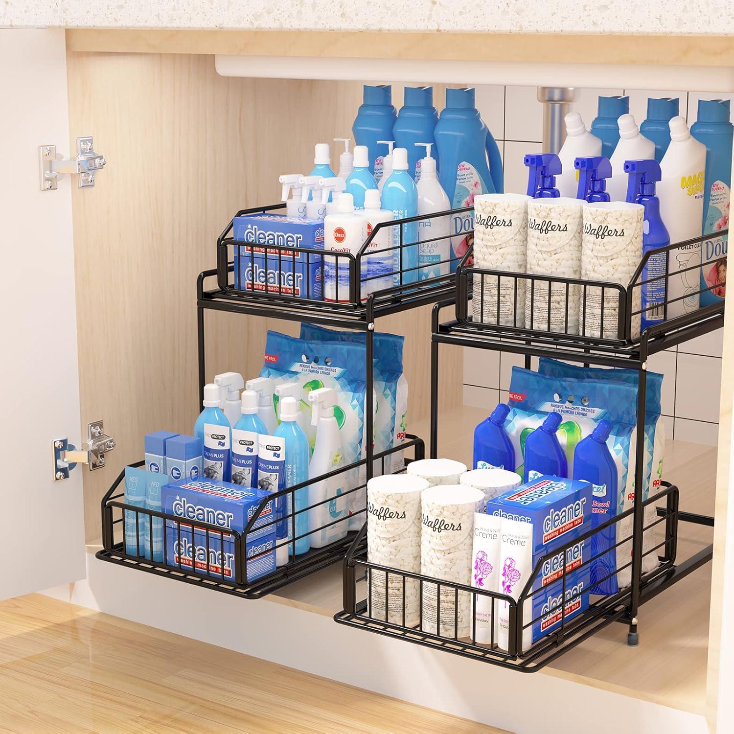 Rebrilliant Under Sink Organizer, 2 Tier Under Sink Organizers And Storage, Metal Slide Out Pull Out Cabinet Organizer ,2 Pack Sliding Drawer Organizer For Kitchen Bathroom Pantry