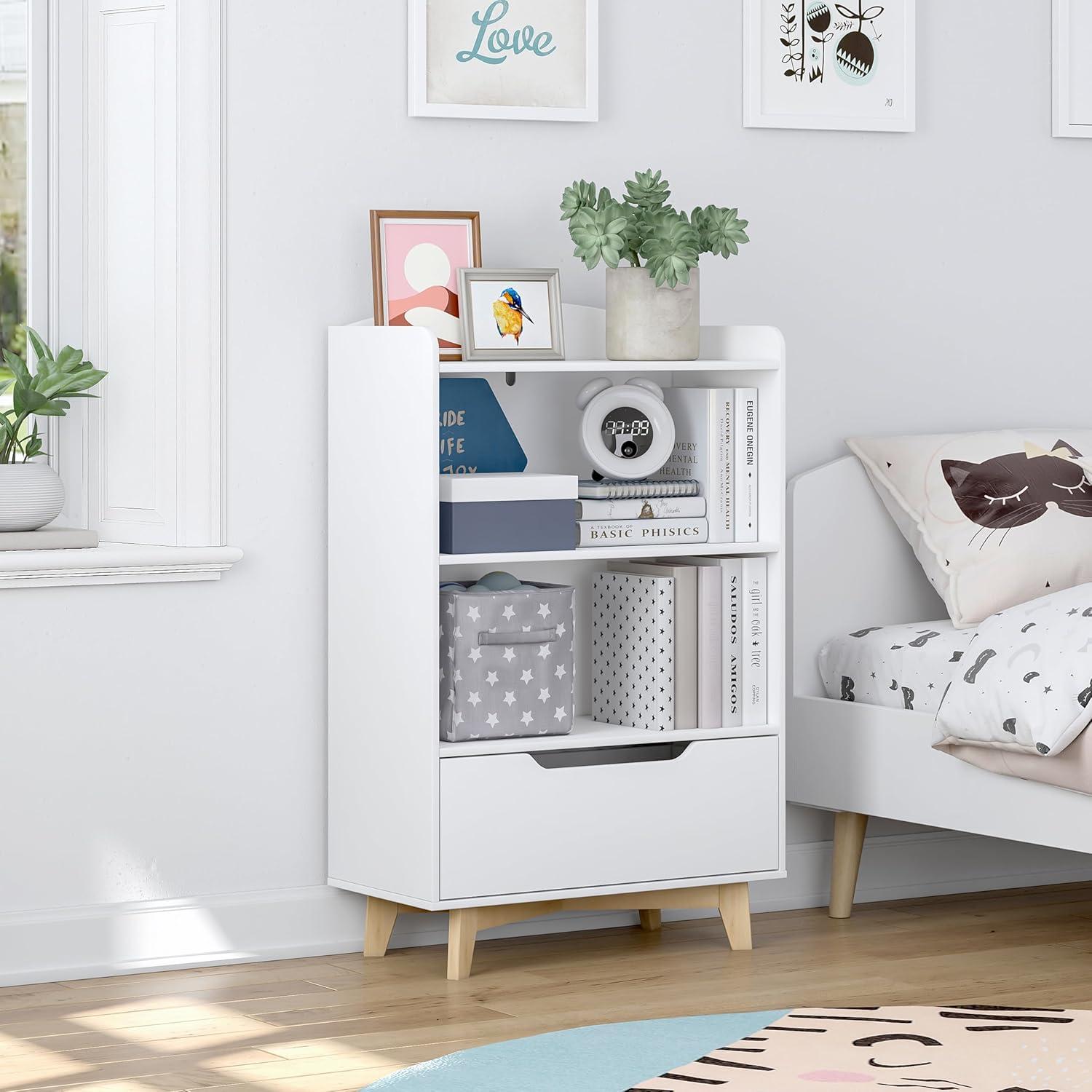 White MDF and Pine Kids Bookshelf with Storage Drawer