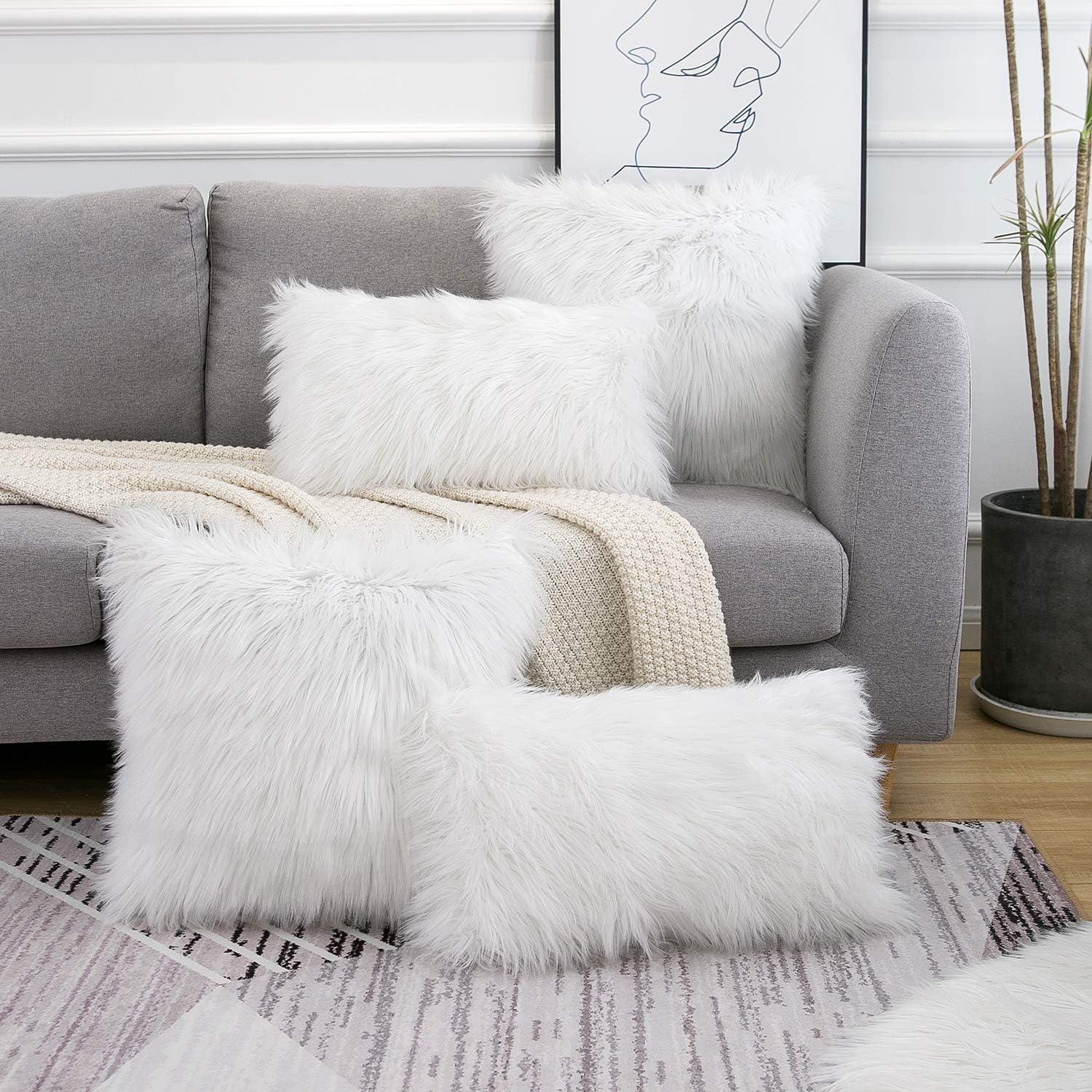 Fluffy White Faux Fur Pillow Covers   Set of 2, Cozy and Soft, 18x18 Inch, Invisible Zipper