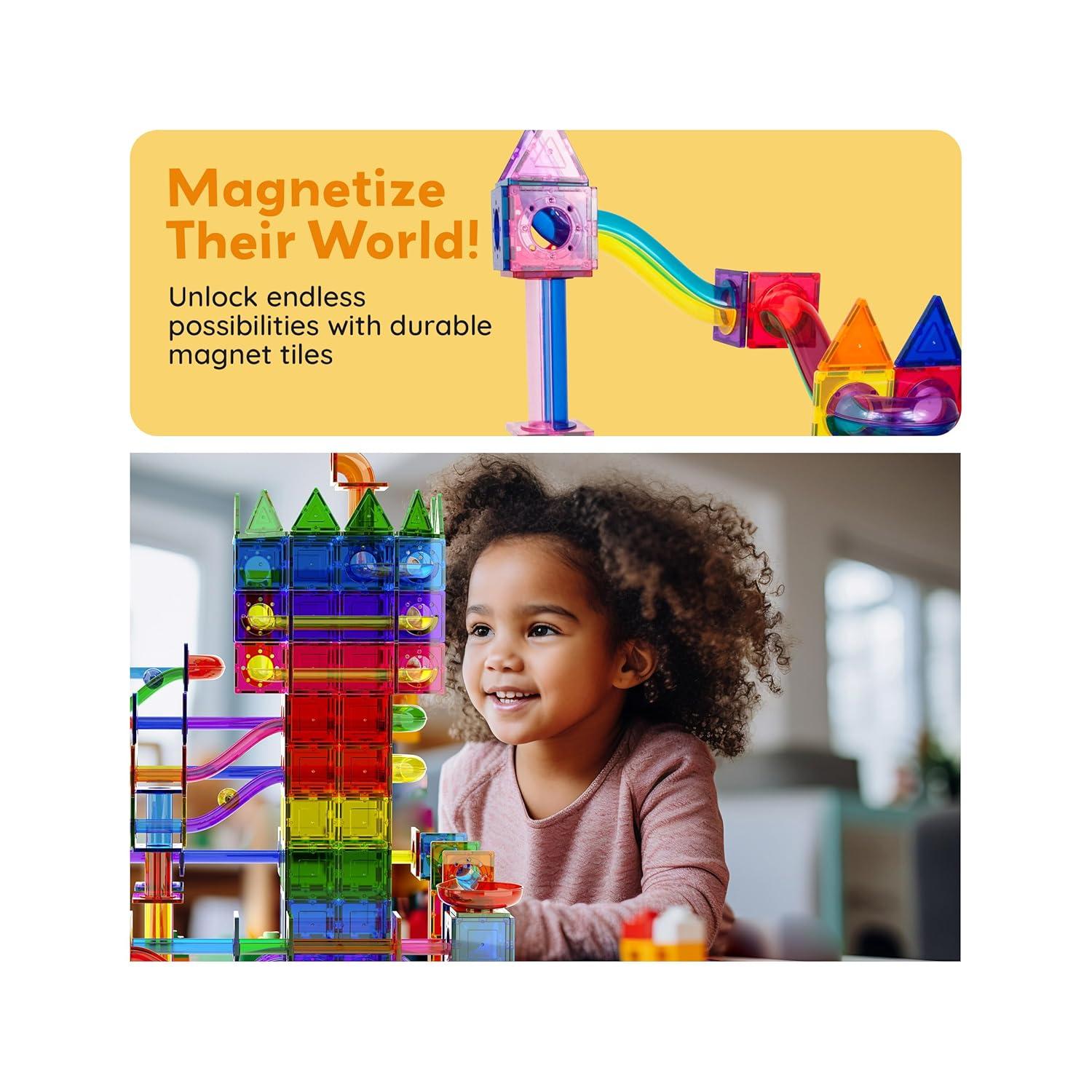 PICASSO-TILES Marble Run Race Track Set,  Magnetic Tiles, Building Blocks, STEM Toys for Kids, 120pc