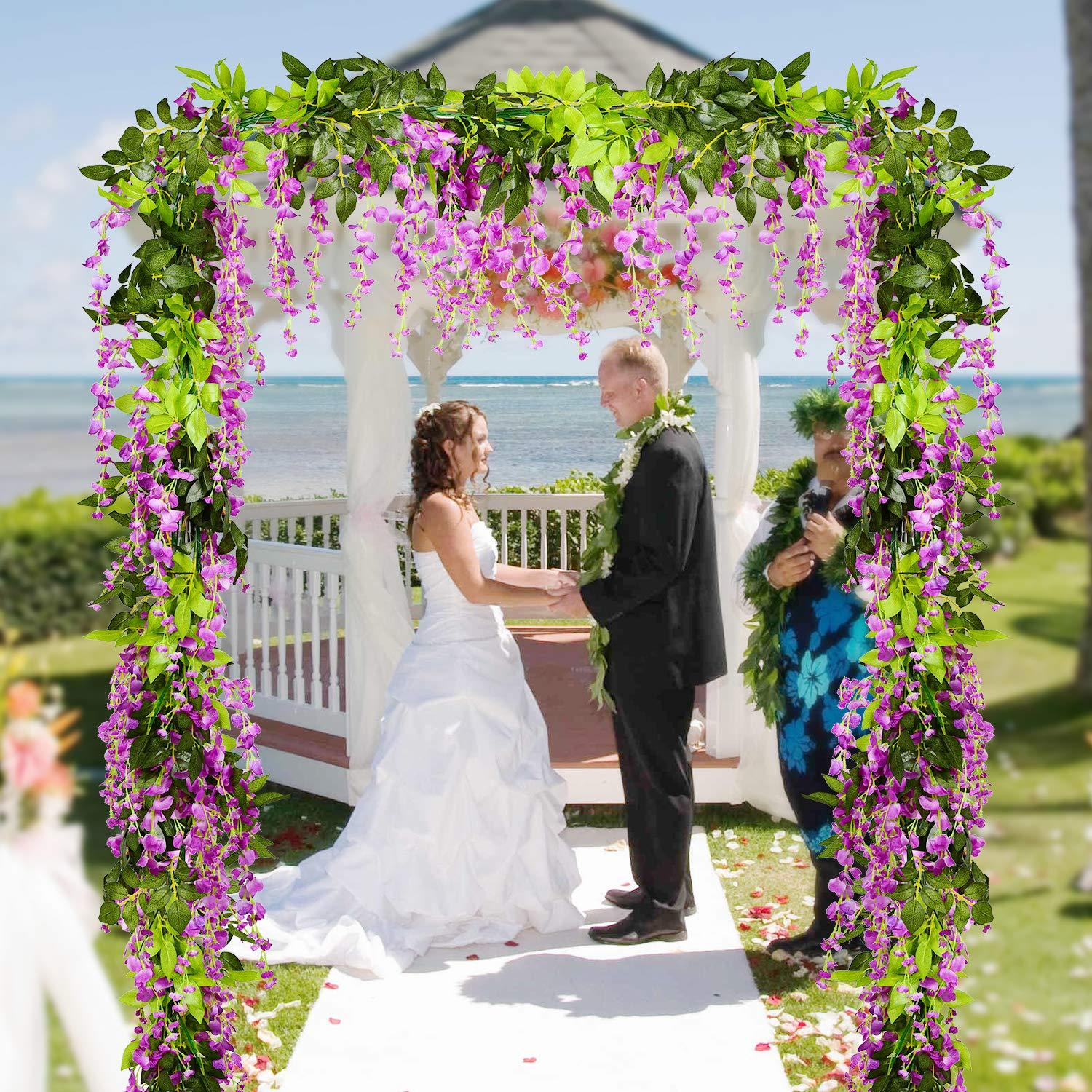 Sinhoon Wisteria Artificial Flowers Garland, 4 Pcs Total 28.8ft Artificial Wisteria Vine Silk Hanging Flower for Home Garden Outdoor Ceremony Wedding Arch Floral Decor (Light Purple)