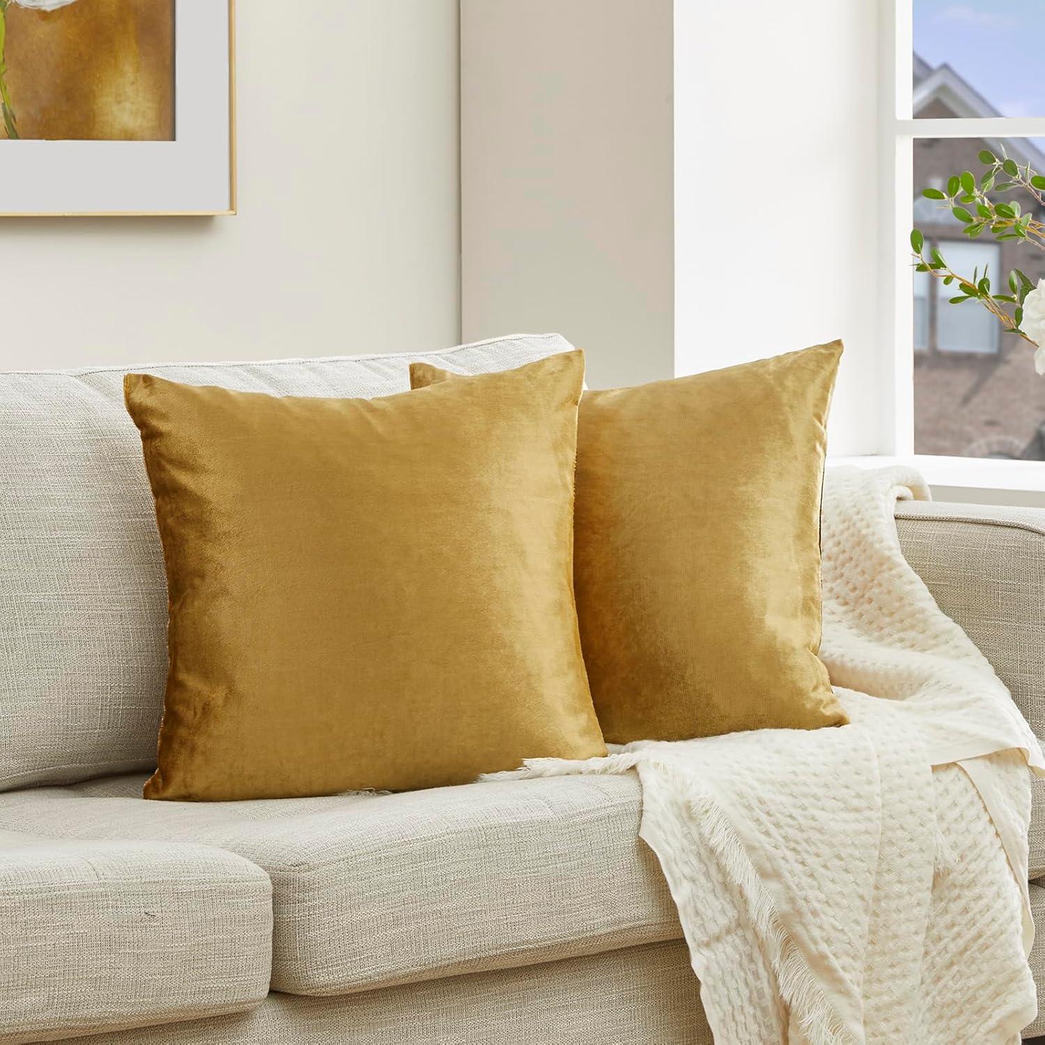 GIGIZAZA Gold Velvet Decorative 20x20 Throw Pillow Covers for Sofa Bed 2 Pack Soft Cushion Cover