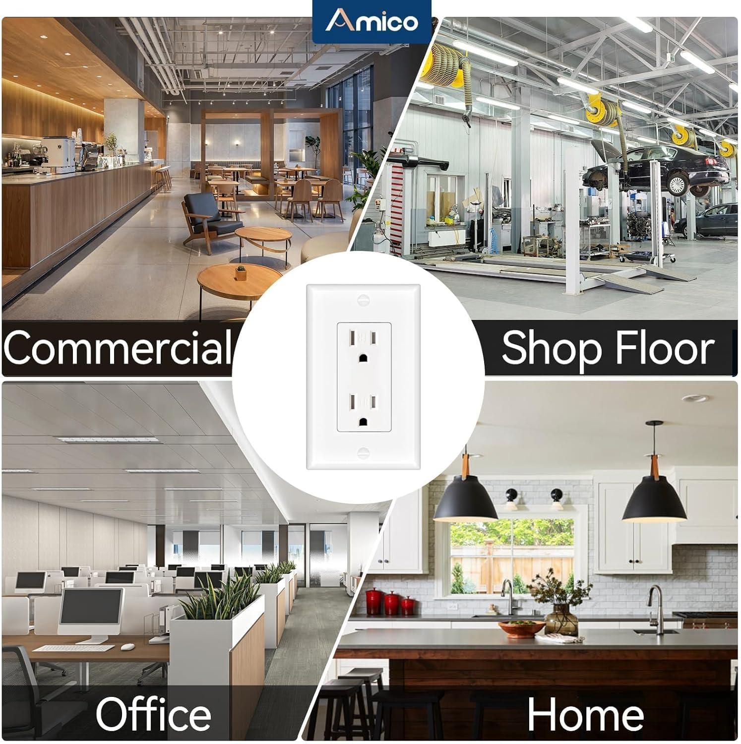 Amico 50 Pack Wall Outlet, 15 Amp Outlets, UL Listed, Tamper Resistant Standard Electrical Outlet, Decorator Receptacle with Wall Plate, Suitable for Home and Business, 125V/1875W, White