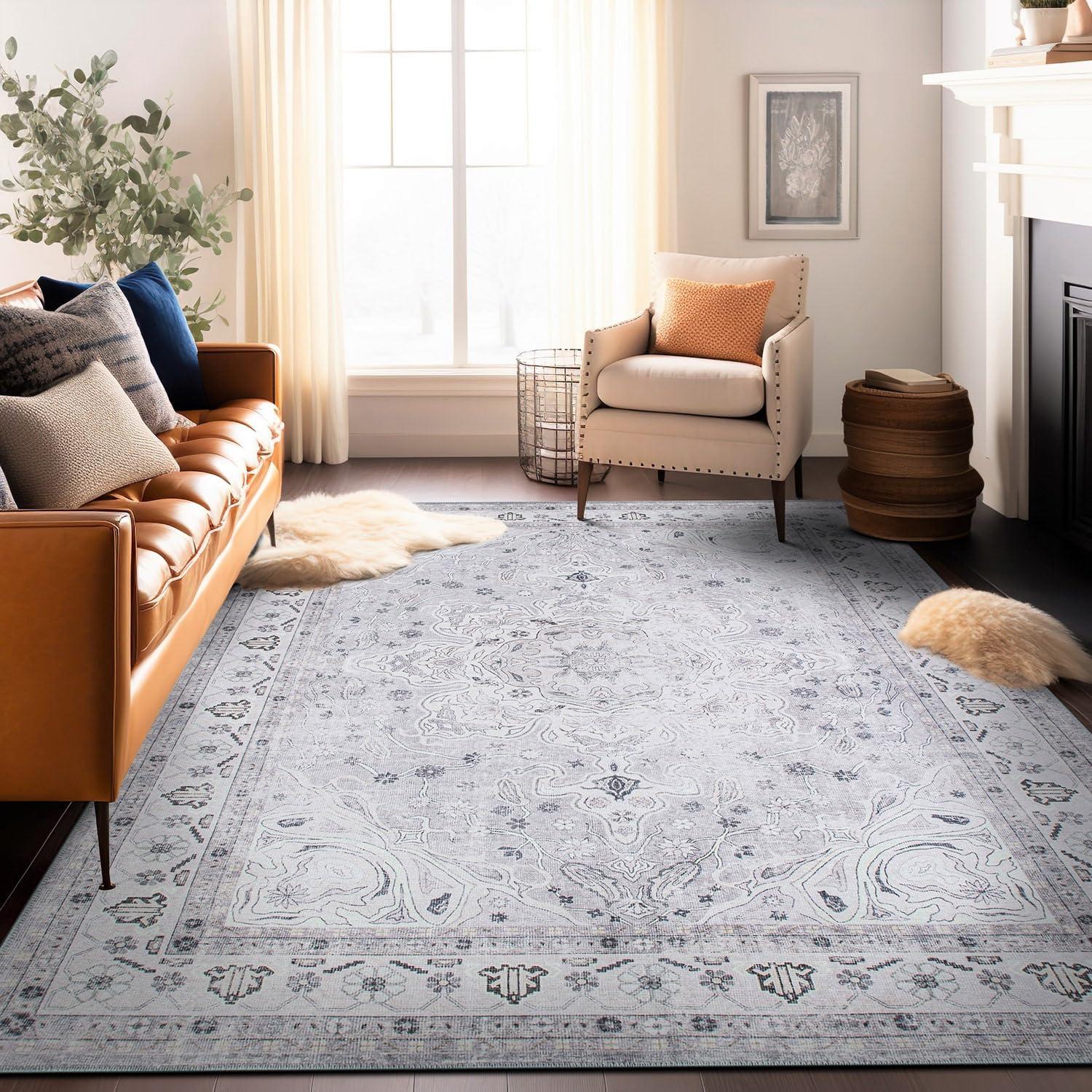 World Rug Gallery Transitional Medallion Machine Washable 7'7"x9'6" Gray Area Rug:  Stain-Resistant,  Flat Pile,  Indoor Use