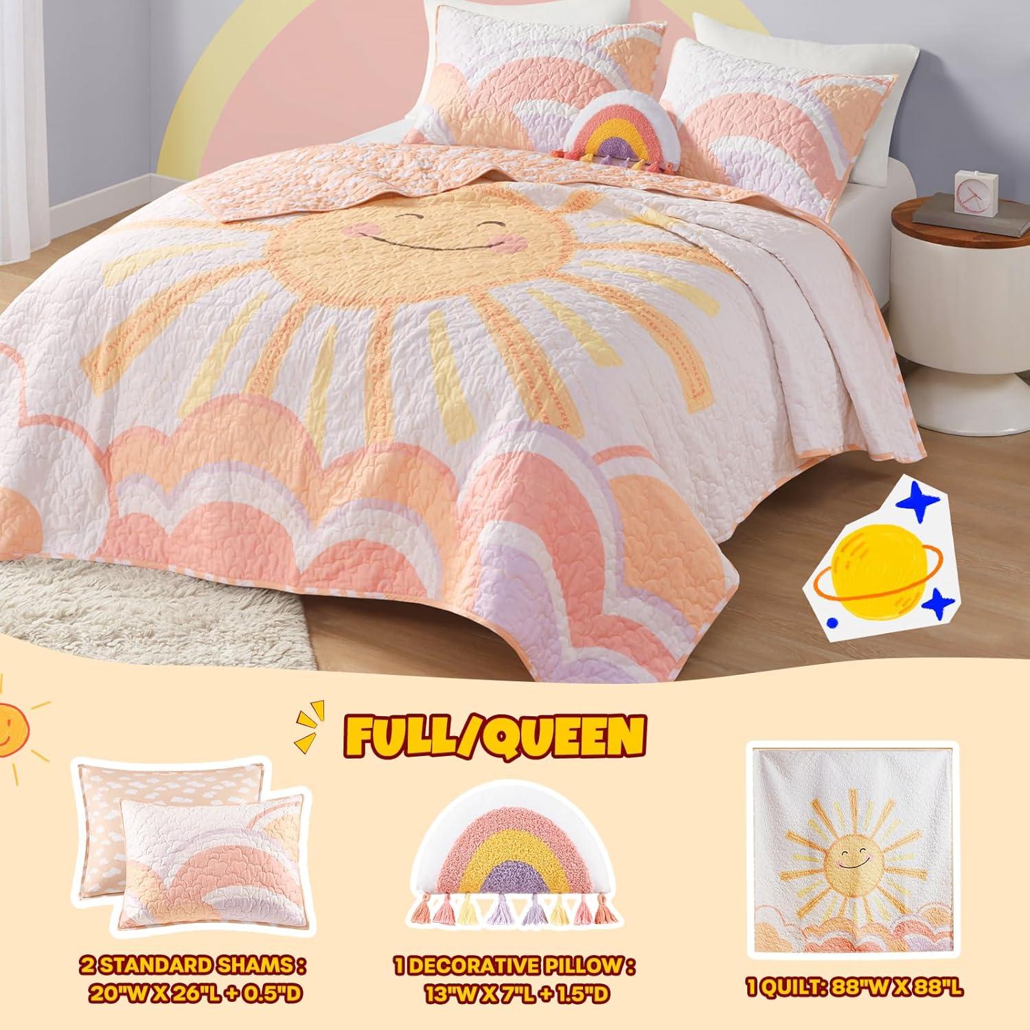 Intelligent Design Kids Dawn Sunshine Clouds Yellow/Coral 100% Cotton Reversible Quilt Set Full/Queen