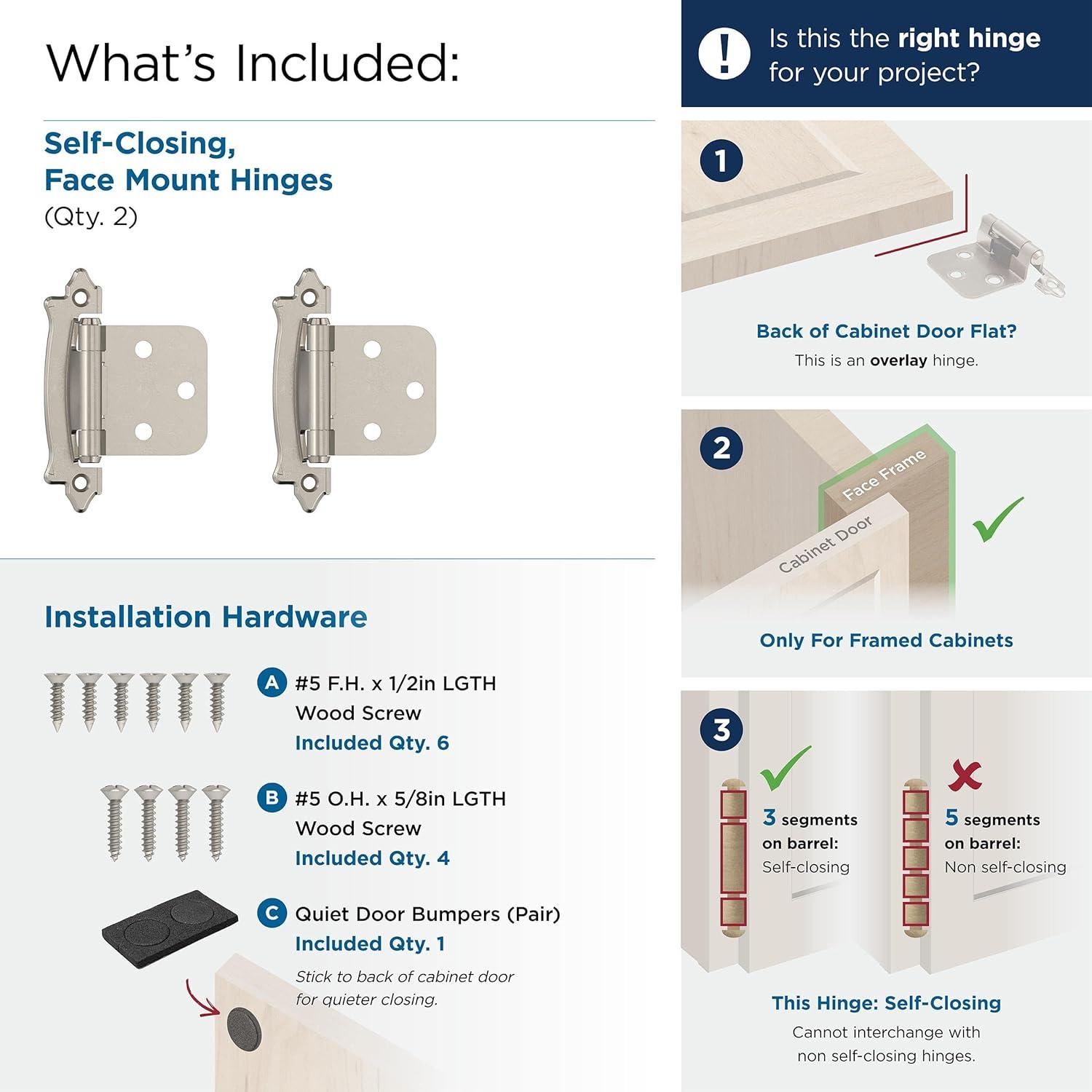 Sterling Nickel Self-Closing Face Mount Cabinet Hinge, 2 Pack