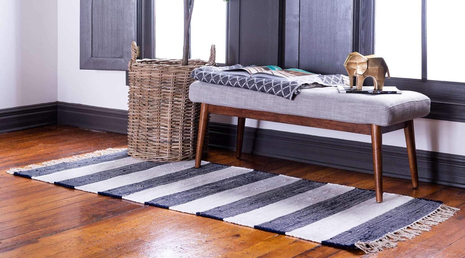 Unique Loom Chindi Rag Collection Area Rug - Striped (2' 7" x 6' 1" Runner Navy Blue/Ivory)