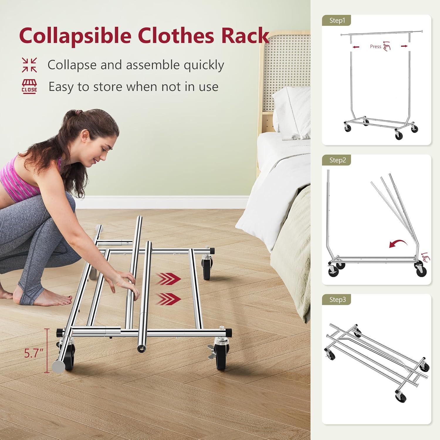 Clothing Rack Heavy Duty Clothes Rack Foldable Garment Rack with Wheels and Extendable Rod,Chrome