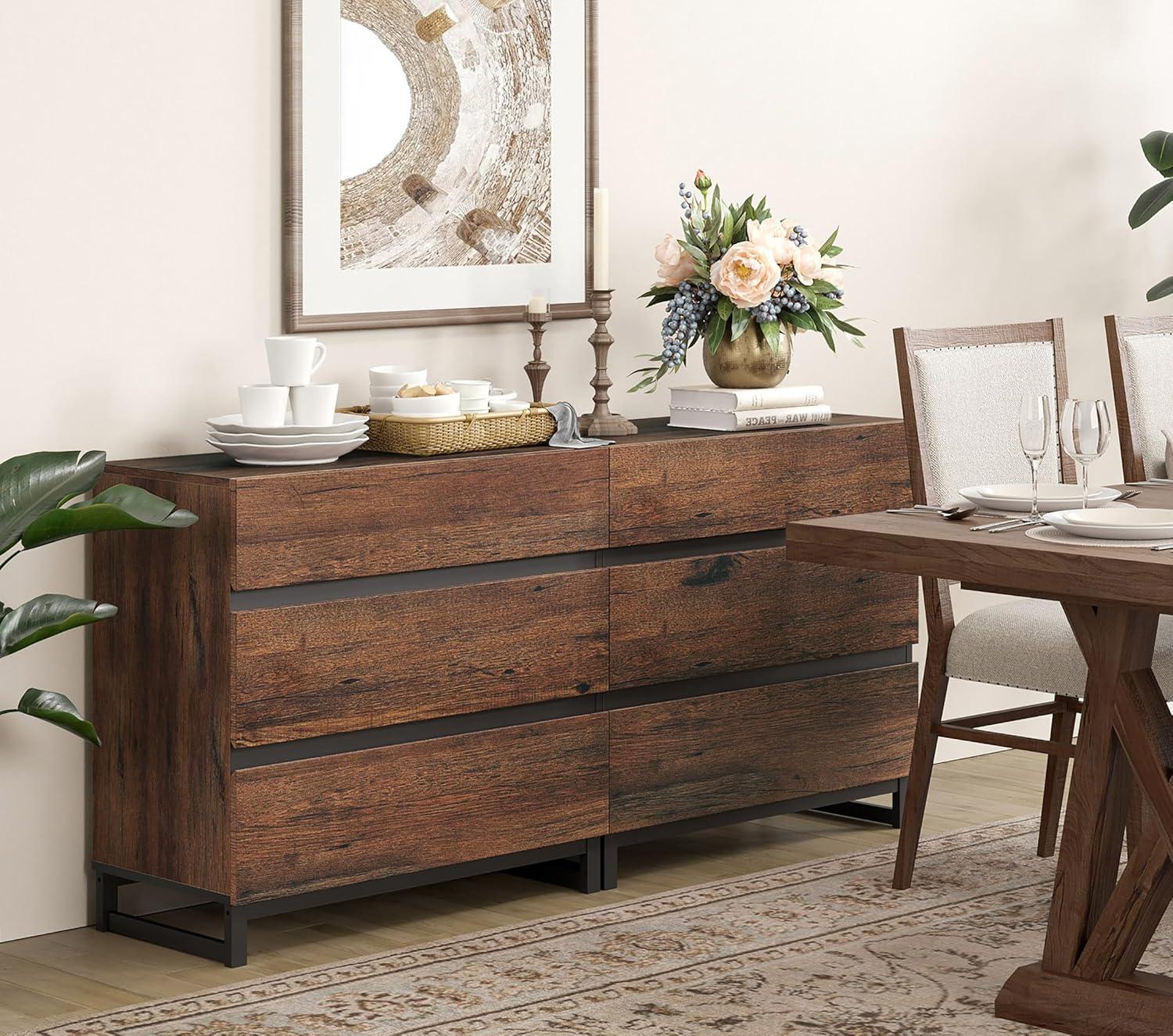 WAMPAT Dresser for Bedroom, Closet Organizers and Storage with 6 Drawers, Chest of Drawers with Metal Base, Modern Wood Dresser for Living Room, Entryway, Brown