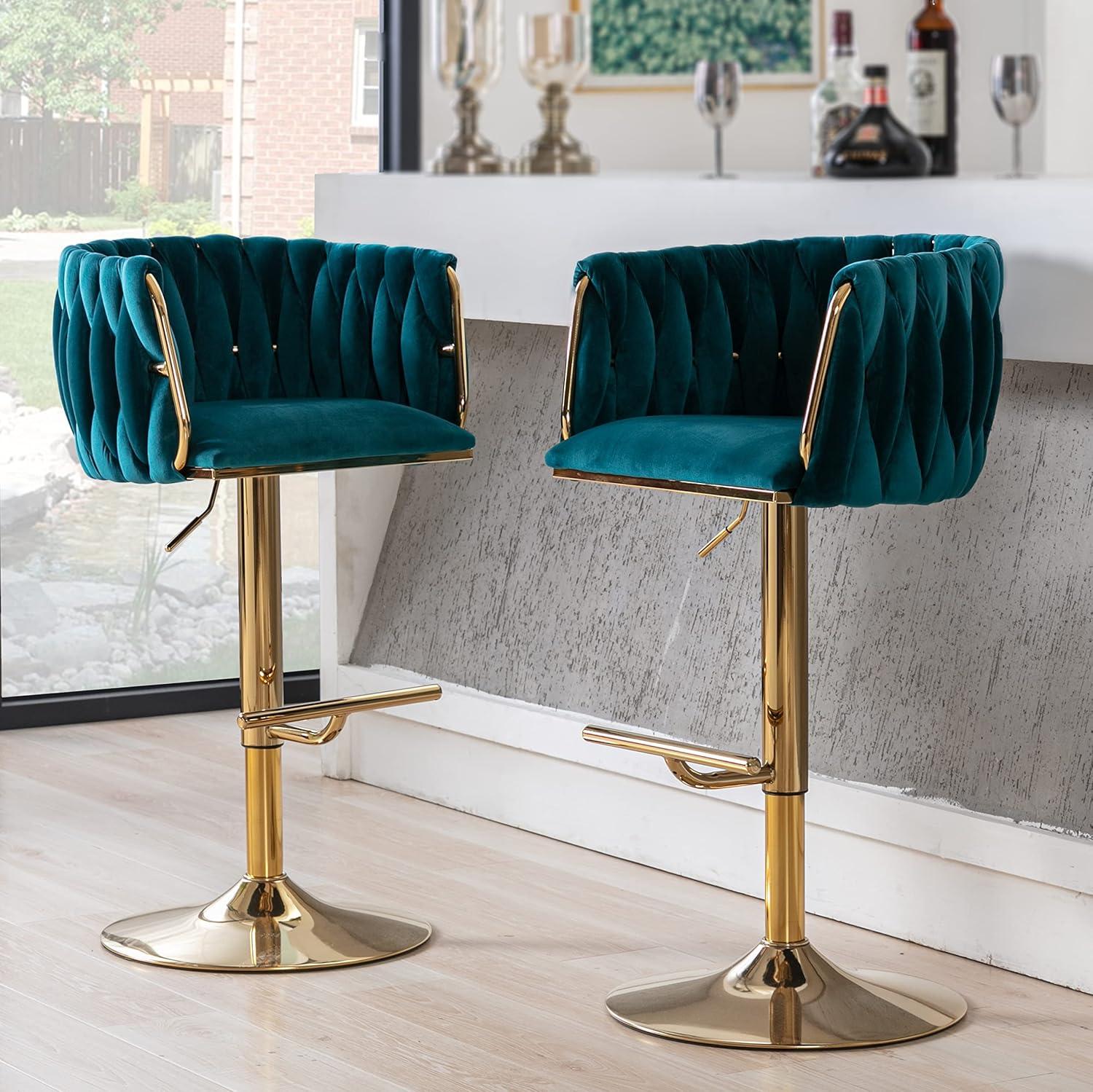 Everly Quinn Swivel Adjustable Height Bar Stool Modern Velvet Barstool with Barrel Back Kitchen Island Counter Bar Chair with Golden Base
