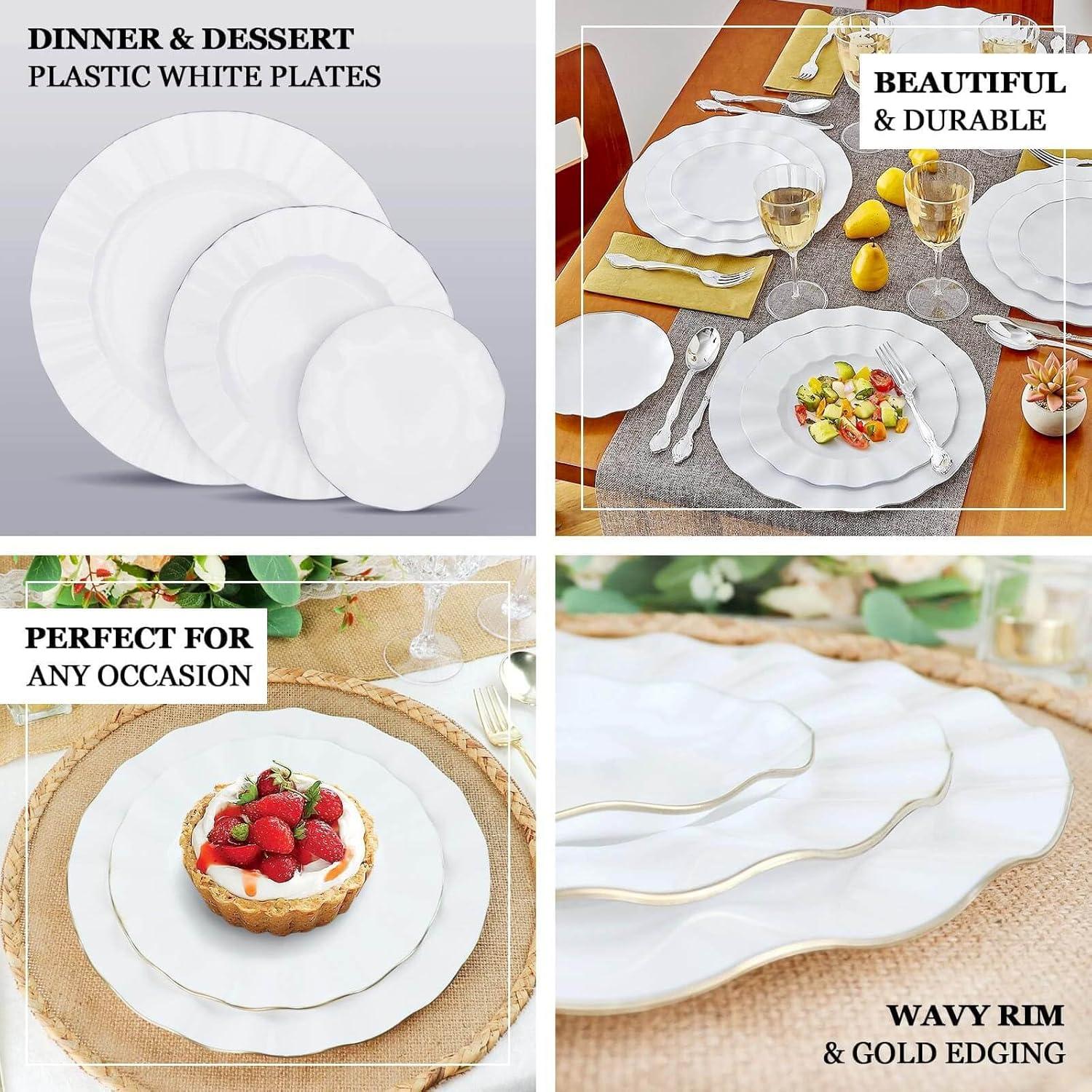 Efavormart 10 Pack | White 11" Round Plastic Dinner Plates, Disposable Tableware with Gold Wavy Rim for Wedding, Outdoor Receptions, Banquets, Holiday Dining