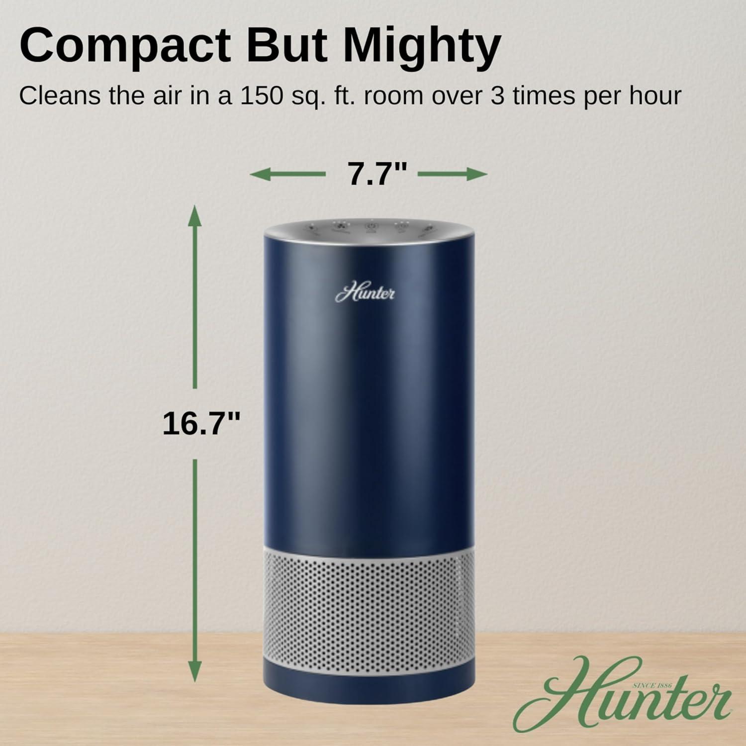 Hunter Fan Company HP400 Round Tower Air Purifier for Small Rooms, Featuring True HEPA Filtration and EcoSilver® Pre-Filter for Allergy and Asthma Relief