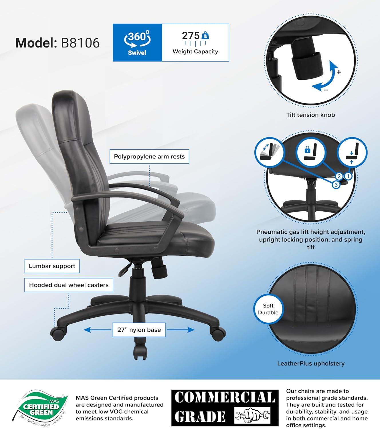 Executive Leather Budget Chair Black - Boss Office Products: Swivel, Lumbar Support, 250lb Capacity