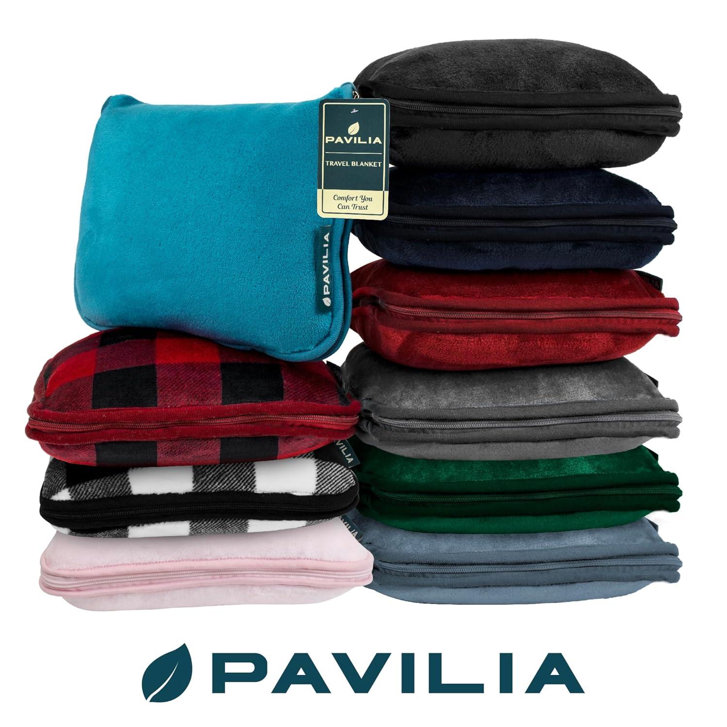 PAVILIA Travel Blanket and Pillow, Warm Soft Fleece 2-IN-1 Combo Large Compact Set for Airplane Camping Car Trips (Black, 60 x 43 inches)