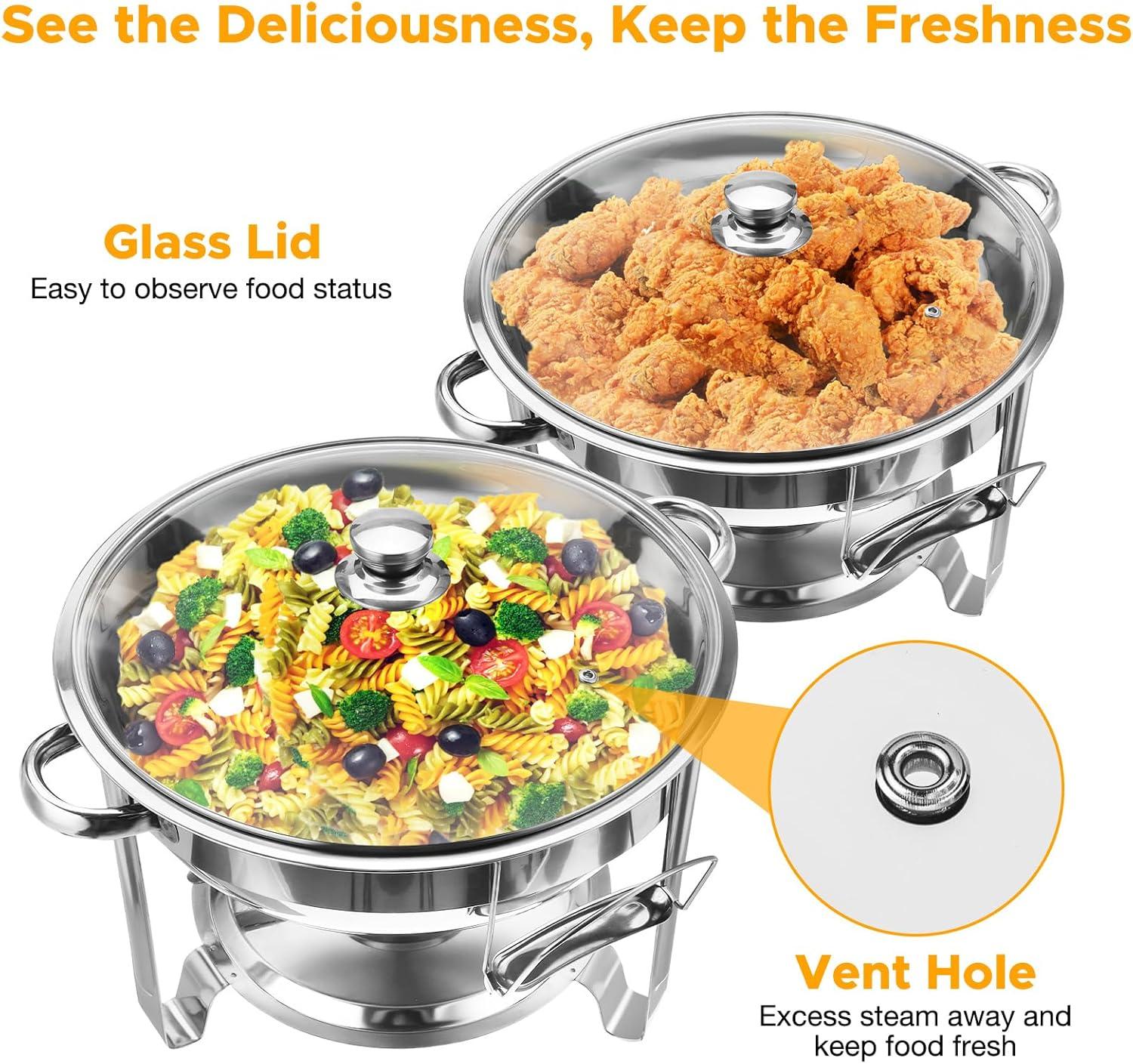 WARMOUNTS Chafing Dish Buffet Set, 2 Pack 5-Quart Round Buffet Chafe Warmer Set, 410 Stainless Steel Chafing Dish Buffet Food Warmer with Glass Lid & Holder