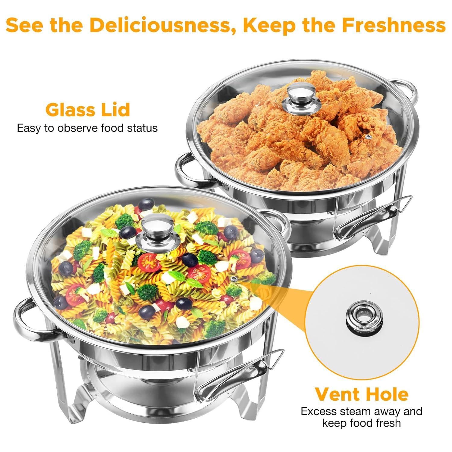 WARMOUNTS Chafing Dish Buffet Set, 2 Pack 5-Quart Round Buffet Chafe Warmer Set, 410 Stainless Steel Chafing Dish Buffet Food Warmer with Glass Lid & Holder