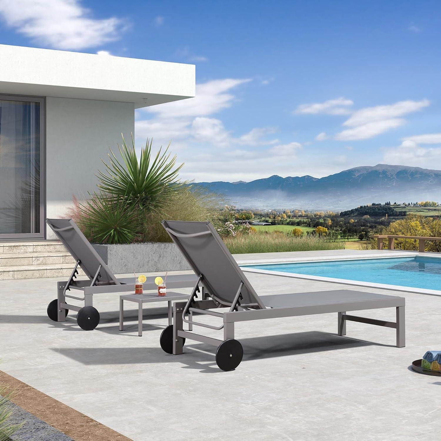 PURPLE LEAF Outdoor Chaise Lounge with Wheels for Outside 2 Pieces Aluminum Patio Lounge Chair with 5 Adjustable Position for Outdoor, Beach, Yard, Pool, Side Table Included, Light Grey