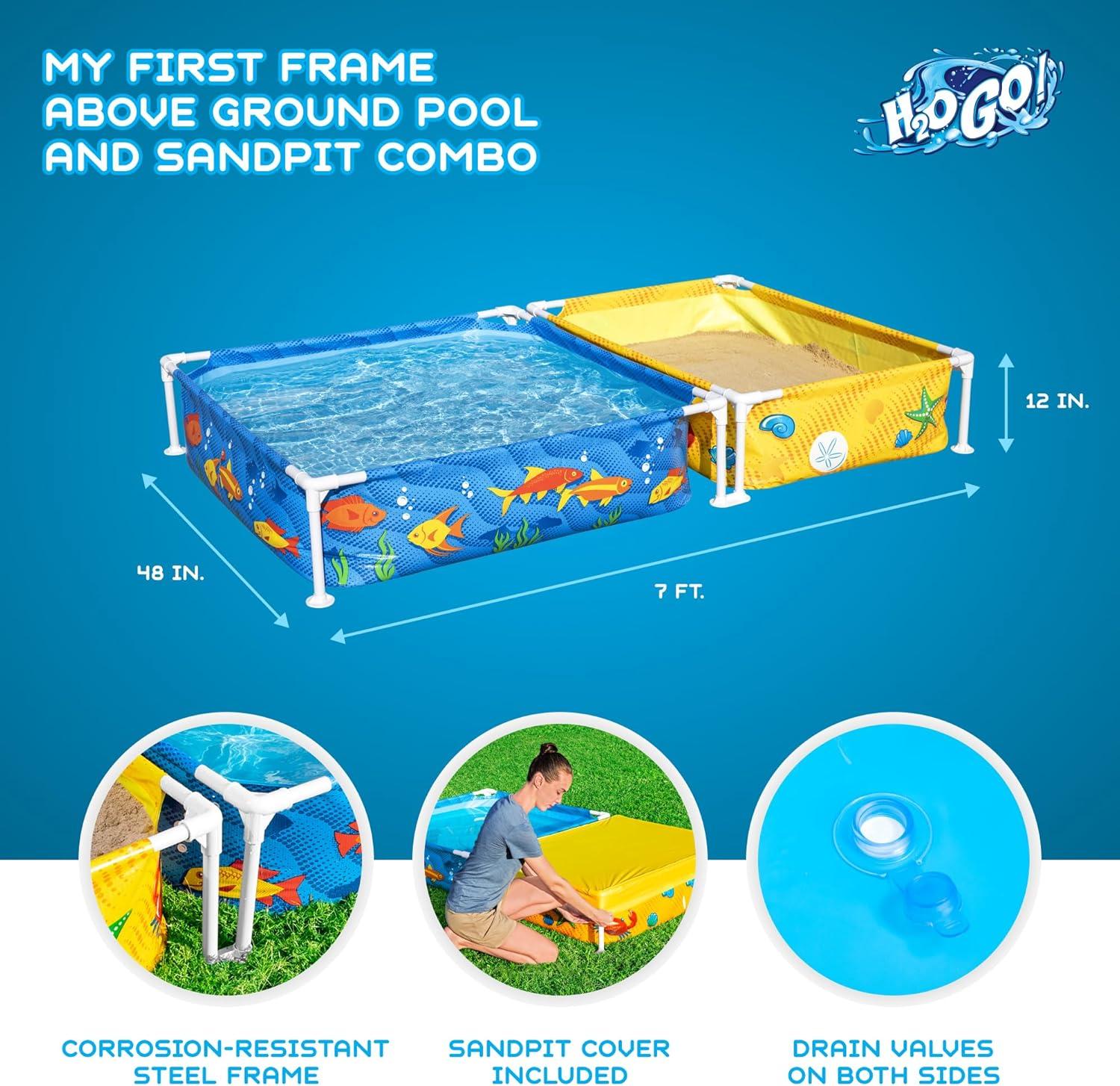 H2OGO! 2-in-1 My First Frame Above Ground DuraPlus Corrosion Resistant Steel Frame Kiddie Pool and Sandpit with Cover and Repair Patch