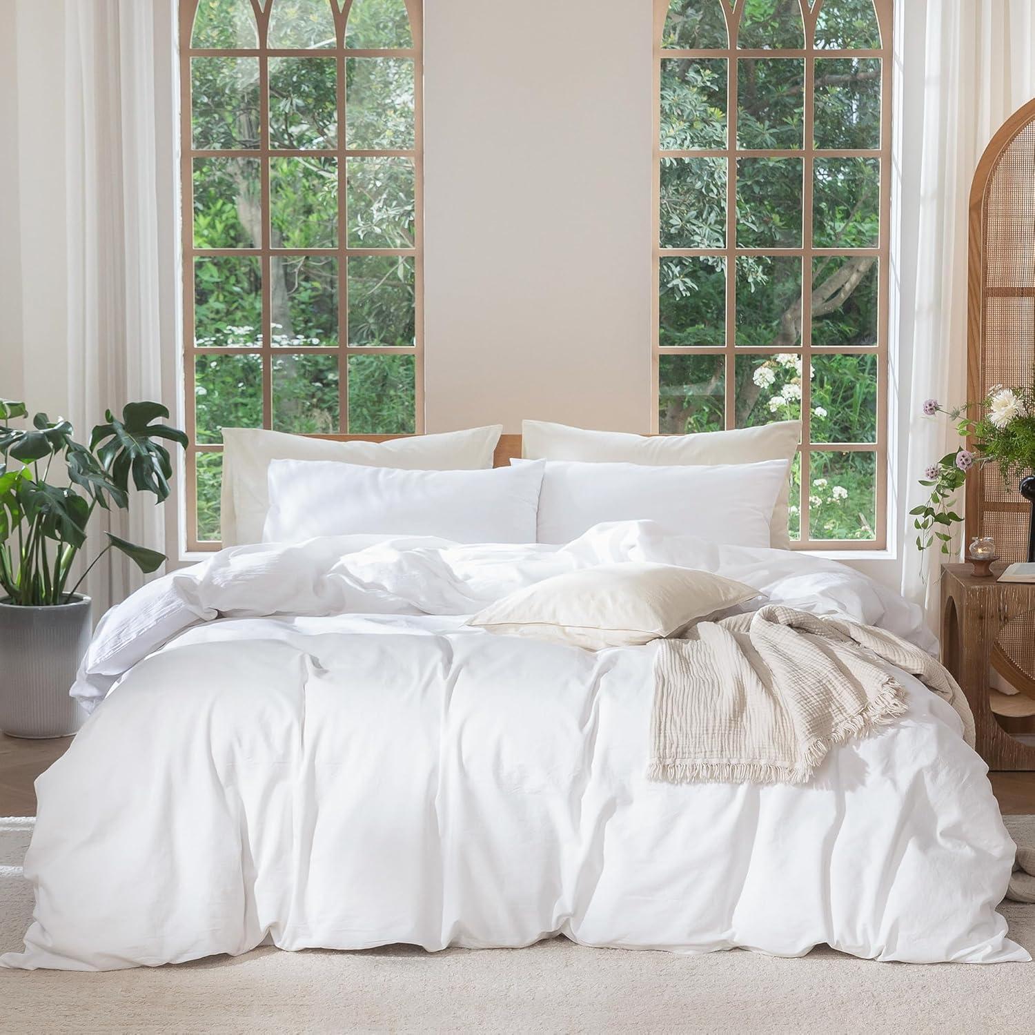 MOOMEE Linen Like Textured 100% Washed Cotton Twill Duvet Cover Set Ultra Soft