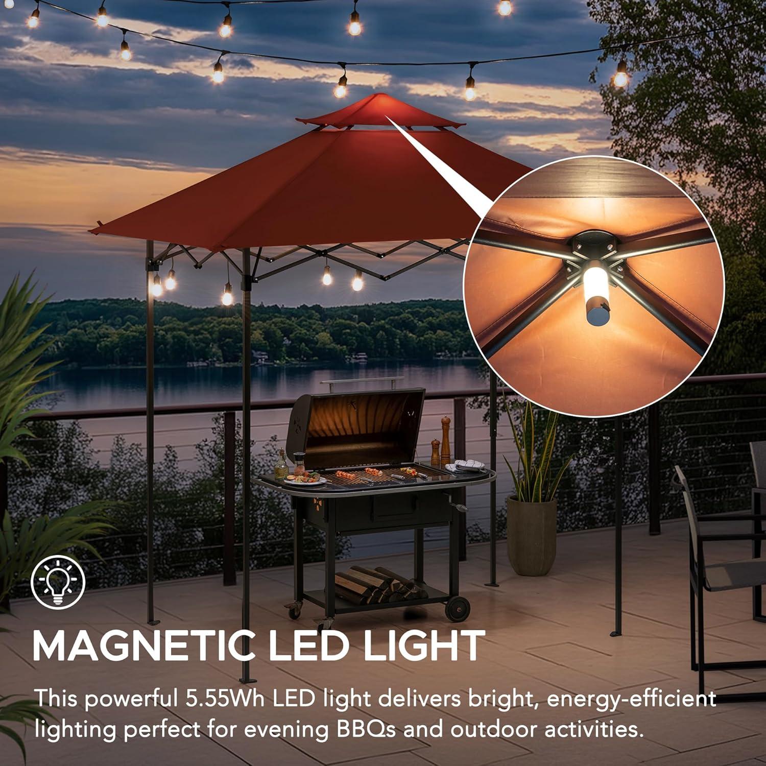 Sunjoy SUNJOY 8' x 5'  Pop up Grill Gazebo Double Tiered Outdoor Gazebo Standing-Height Canopy with Magnetic LED Light, Adjustable Ceiling Height, for BBQ,Picnics, Outdoor Events