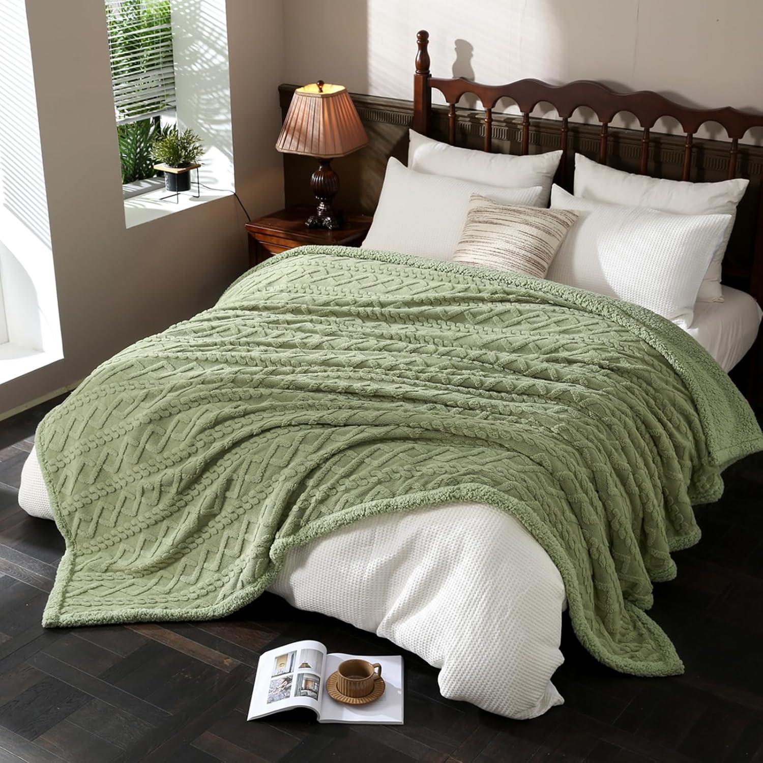 Sage Green Sherpa Fleece Reversible Throw Blanket 80" x 60"