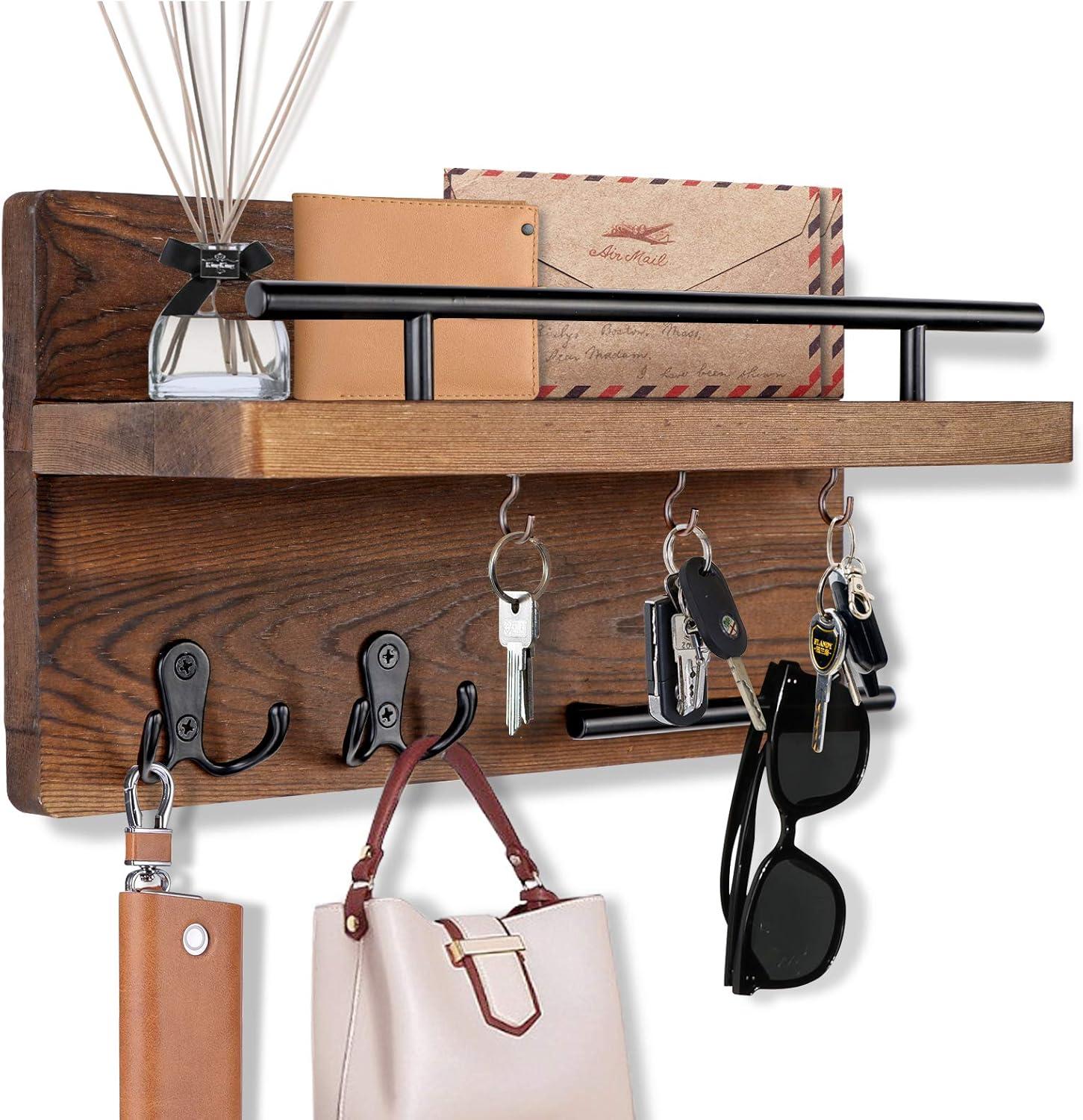 MAXAYA Mail Key Holder For Wall Decorative, Wooden Mail Organizer Wall Mount With 5 Key Hooks, Wood Key Hangers For Wall With Mail Key Rack, Rustic Mail Sorter For Entryway Office Hallway Home Decor