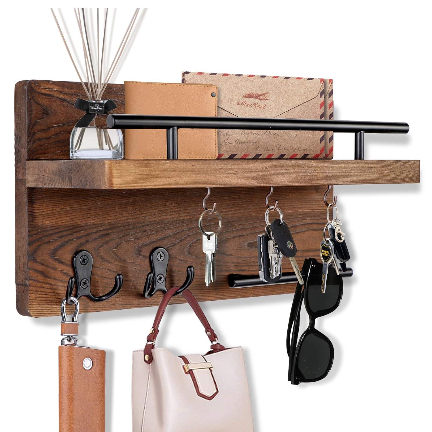 MAXAYA Mail Key Holder For Wall Decorative, Wooden Mail Organizer Wall Mount With 5 Key Hooks, Wood Key Hangers For Wall With Mail Key Rack, Rustic Mail Sorter For Entryway Office Hallway Home Decor