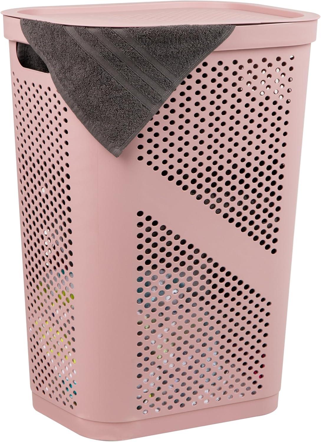 Mind Reader Perforated Plastic Hamper with Lid 60 Liter/16 Gallon, Lightweight Hamper, Pink
