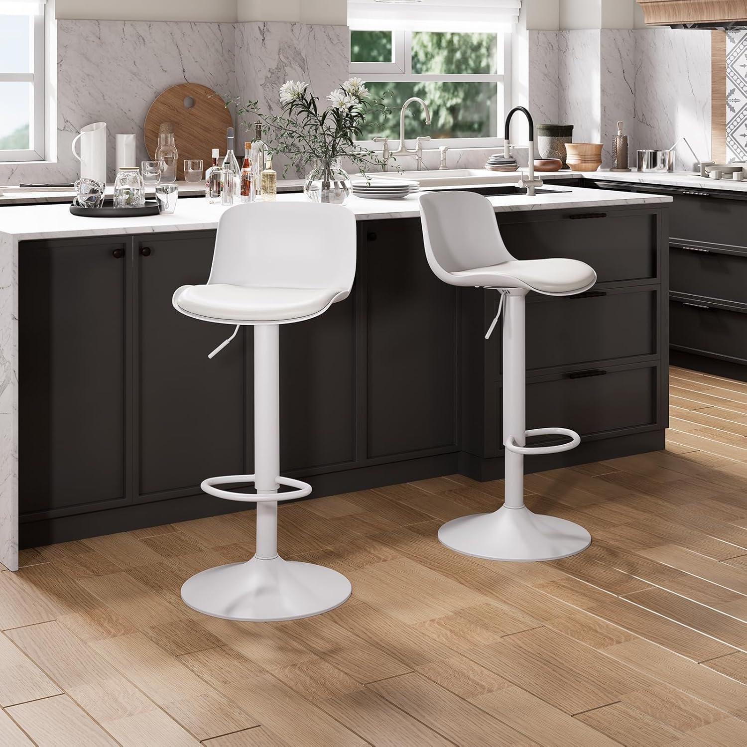 Height Adjustable Swivel PP Bar Stool with PU Padded Seat, White, Set of 2