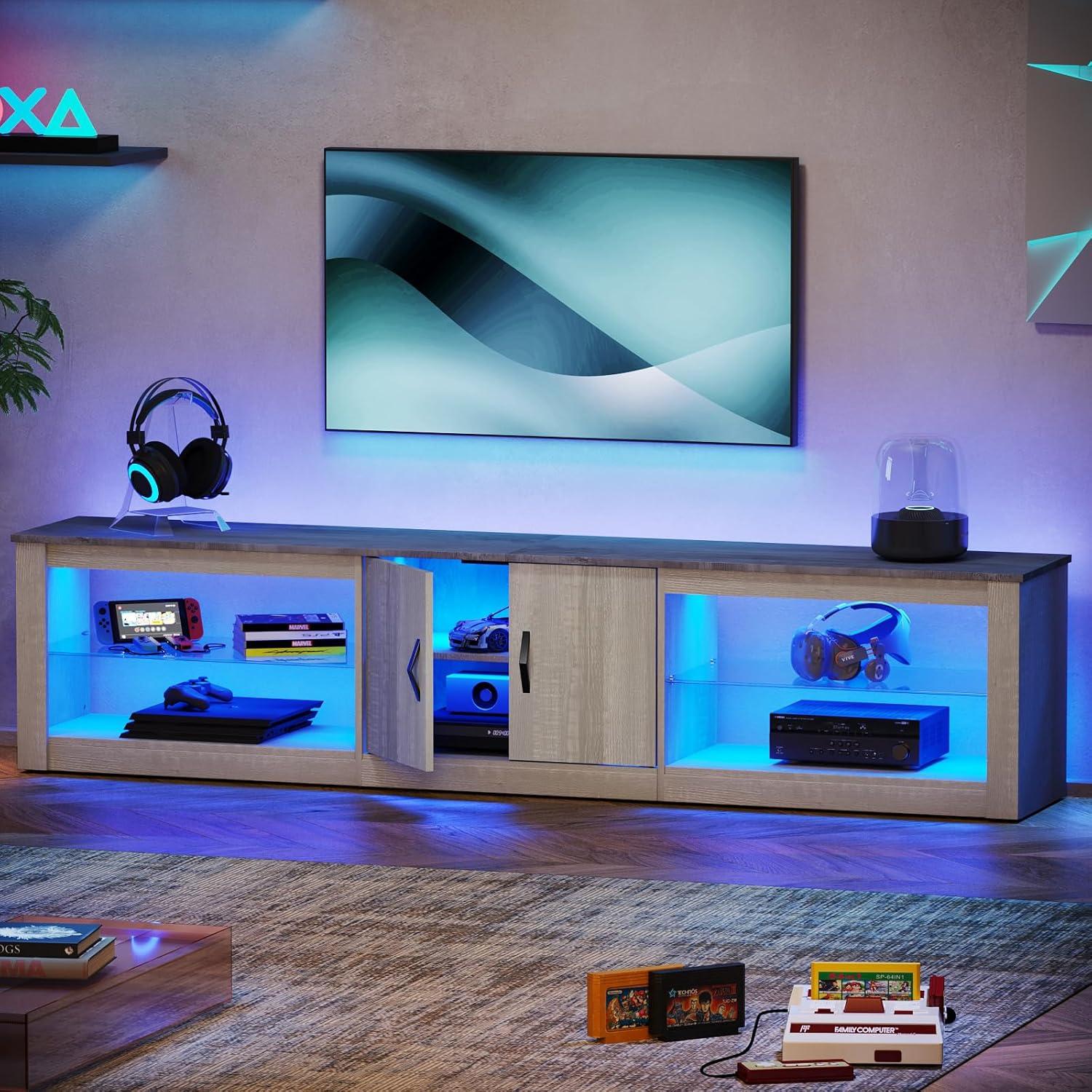 Bestier 80 Inch TV Stand for 75/77/85/86 inch TVs, LED Gaming Entertainment Center for PS5 with Storage Cabinet &Adjustable Glass Shelves, Modern TV Console Table for Living Room Bedroom, Wash White