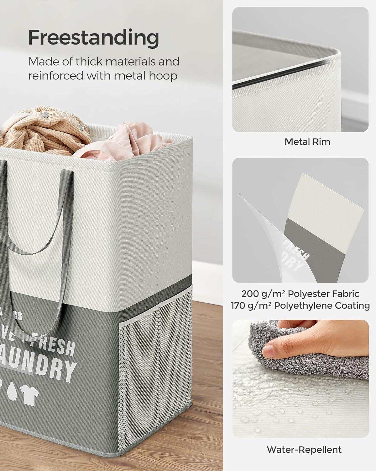 SONGMICS Laundry Baskets, Laundry Hamper with 2 Compartments, 23.8 Gallon (90L) Set of 2 Collapsible Water-Repellent Clothes Hampers, Tall Laundry Bag for Bedroom Bathroom, Light Gray ULCB209G12