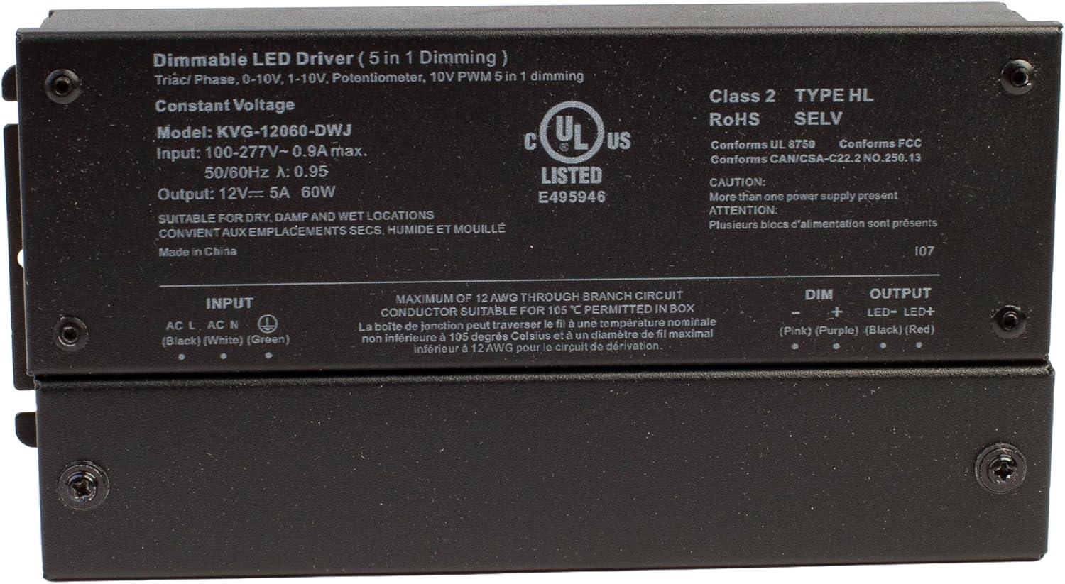 UL listed 12v 5A 60w class 2 dimmable LED driver power supply for led strip light