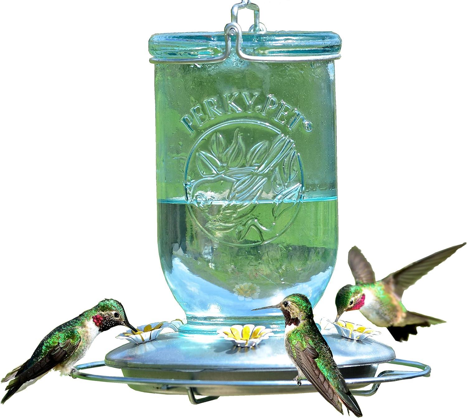 Blue Glass and Steel Mason Jar Hummingbird Feeder, 32 oz